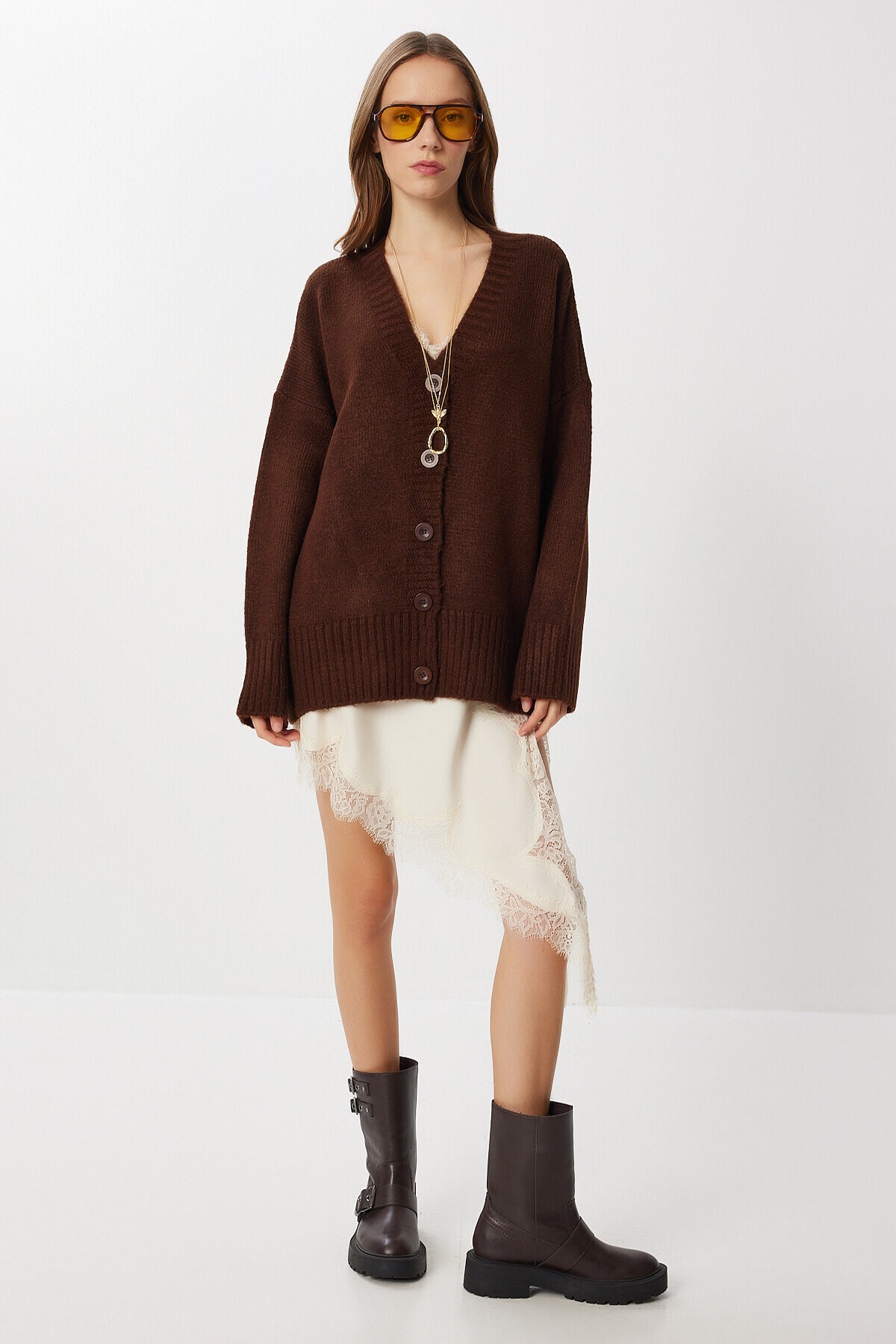 Oversize Düz Örgü Triko Hırka KAHVERENGİ LNF0027