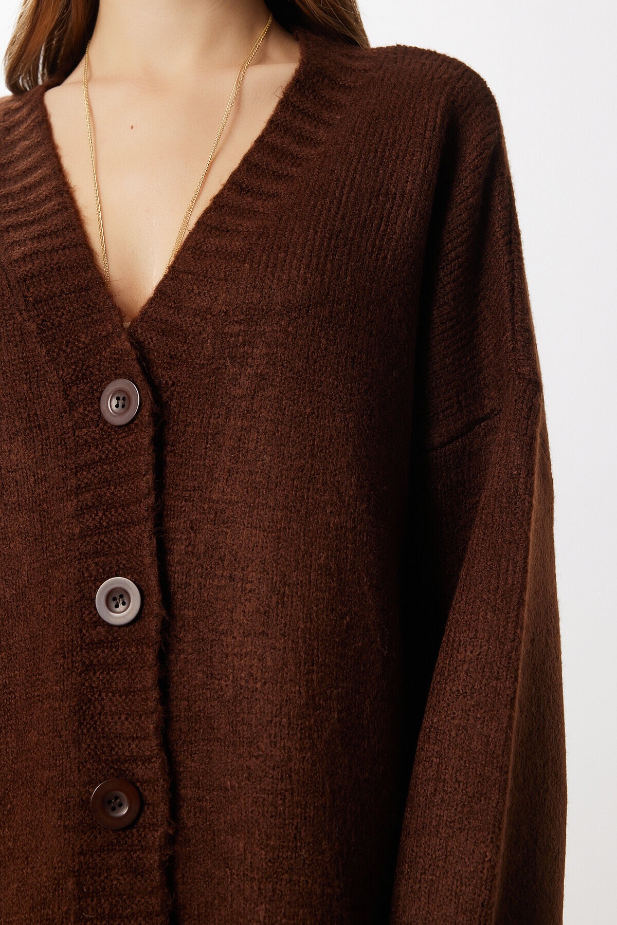 Oversize Düz Örgü Triko Hırka KAHVERENGİ LNF0027