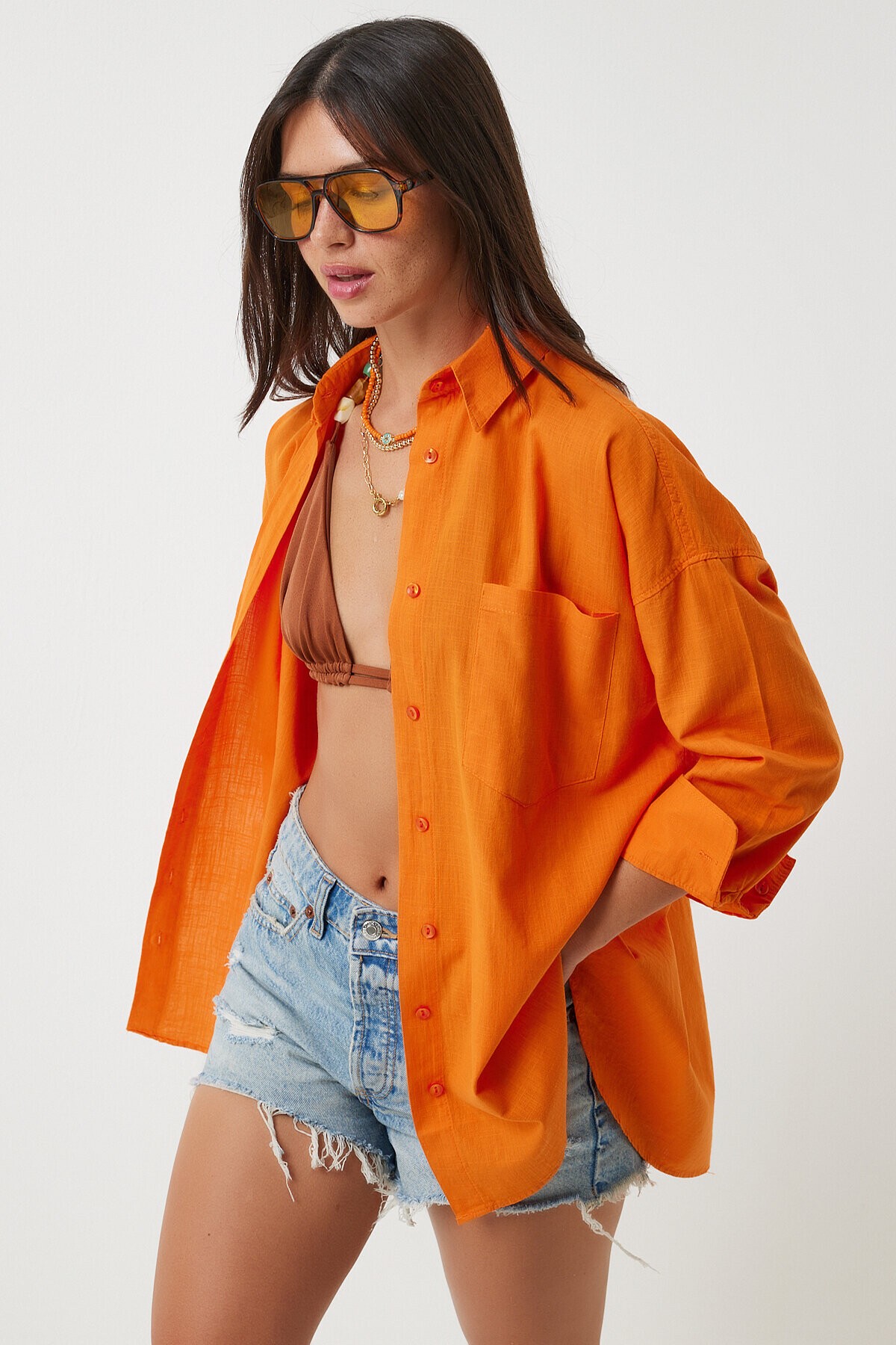 Oversize Keten Gömlek ORANJ LHF0005