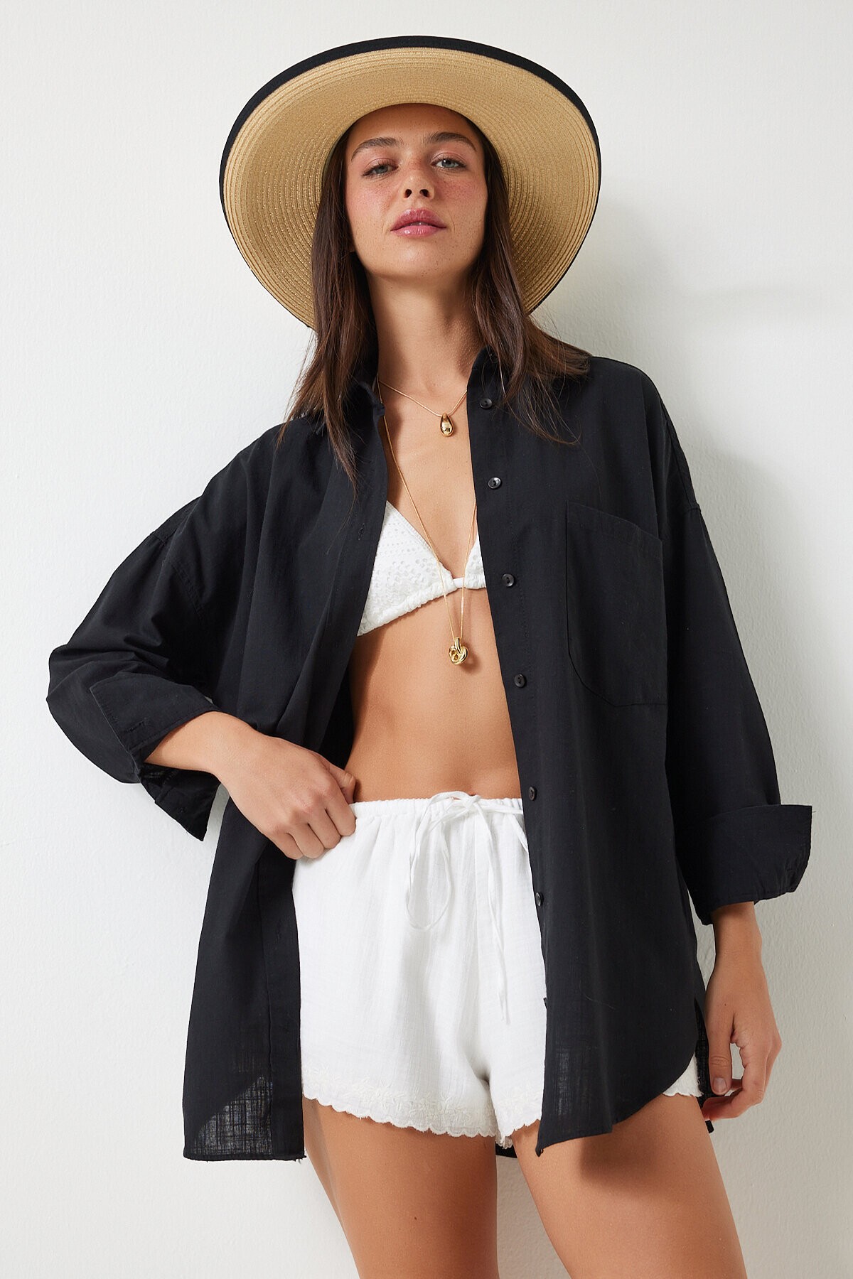 Oversize Keten Gömlek SİYAH LHF0005