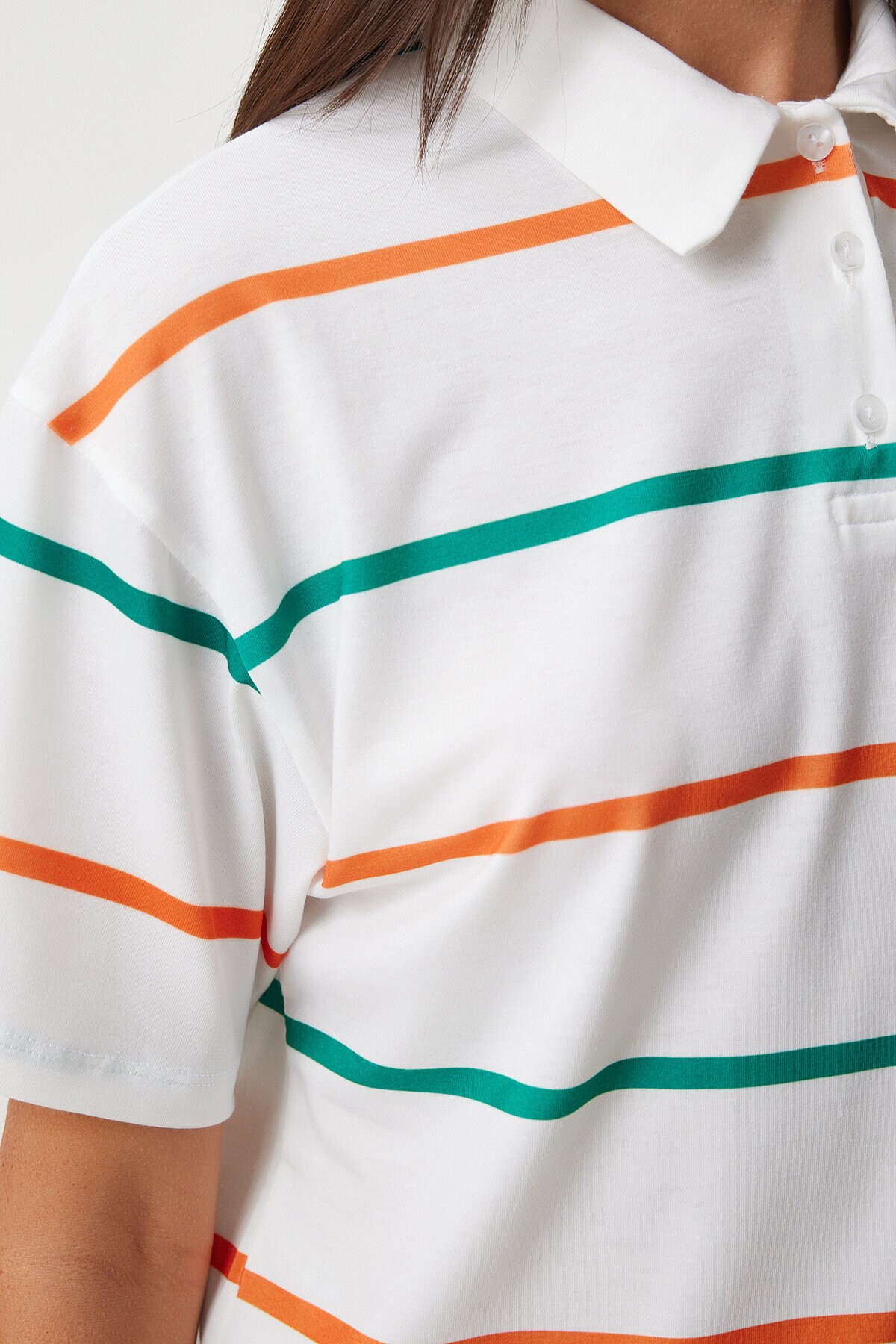 Polo Yaka Çizgili Crop Örme T-shirt EKRU ORANJ LHF0004