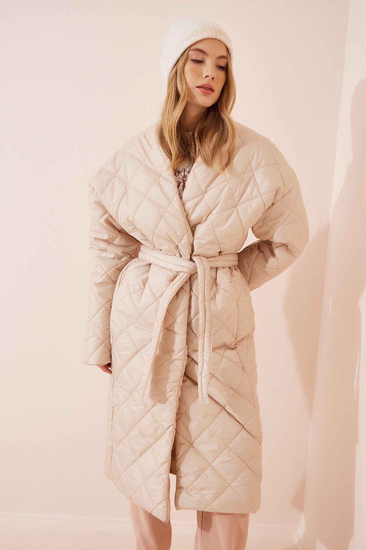 Şal Yaka Oversize Kapitone Kaban KREM LHM0001