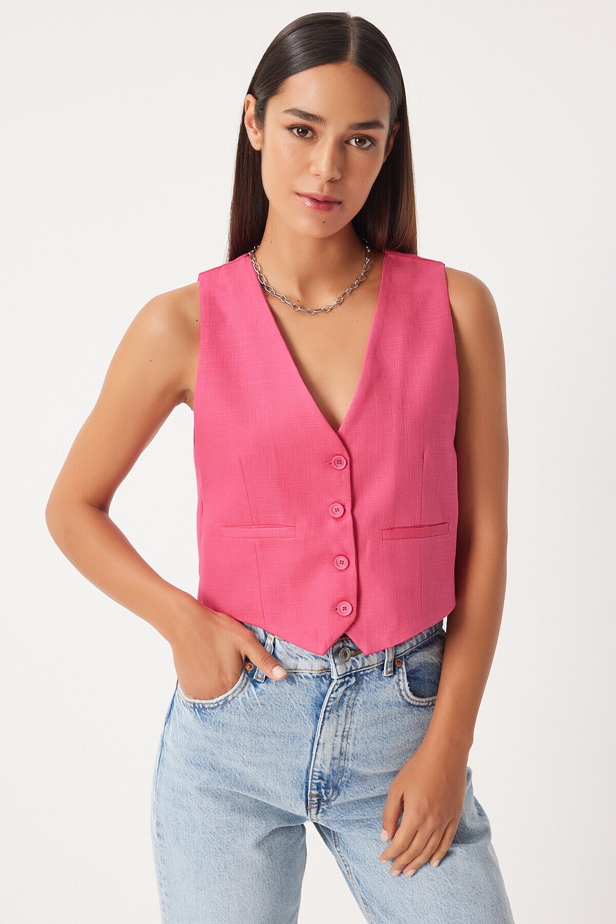 V Yaka Keten Yelek KOYU PEMBE LKT0003
