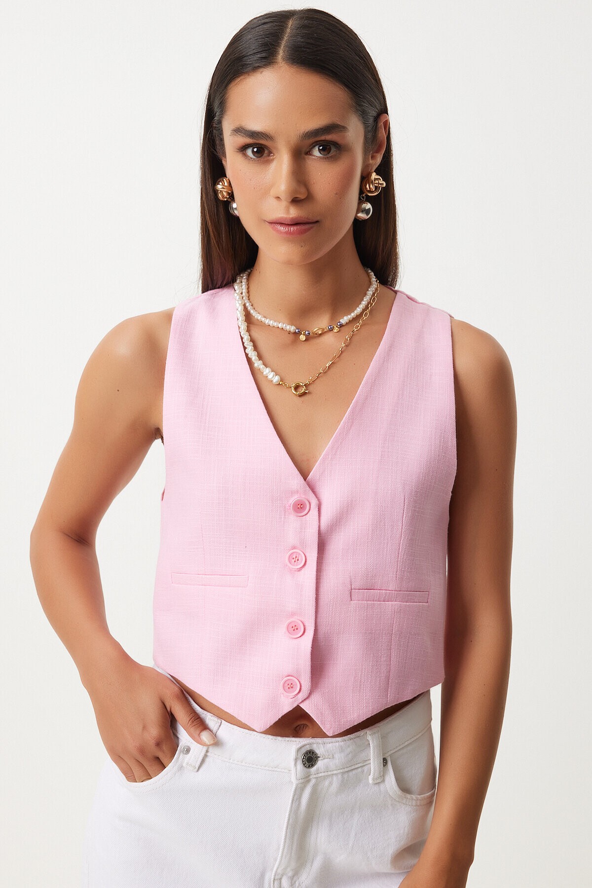 V Yaka Keten Yelek PEMBE LKT0003