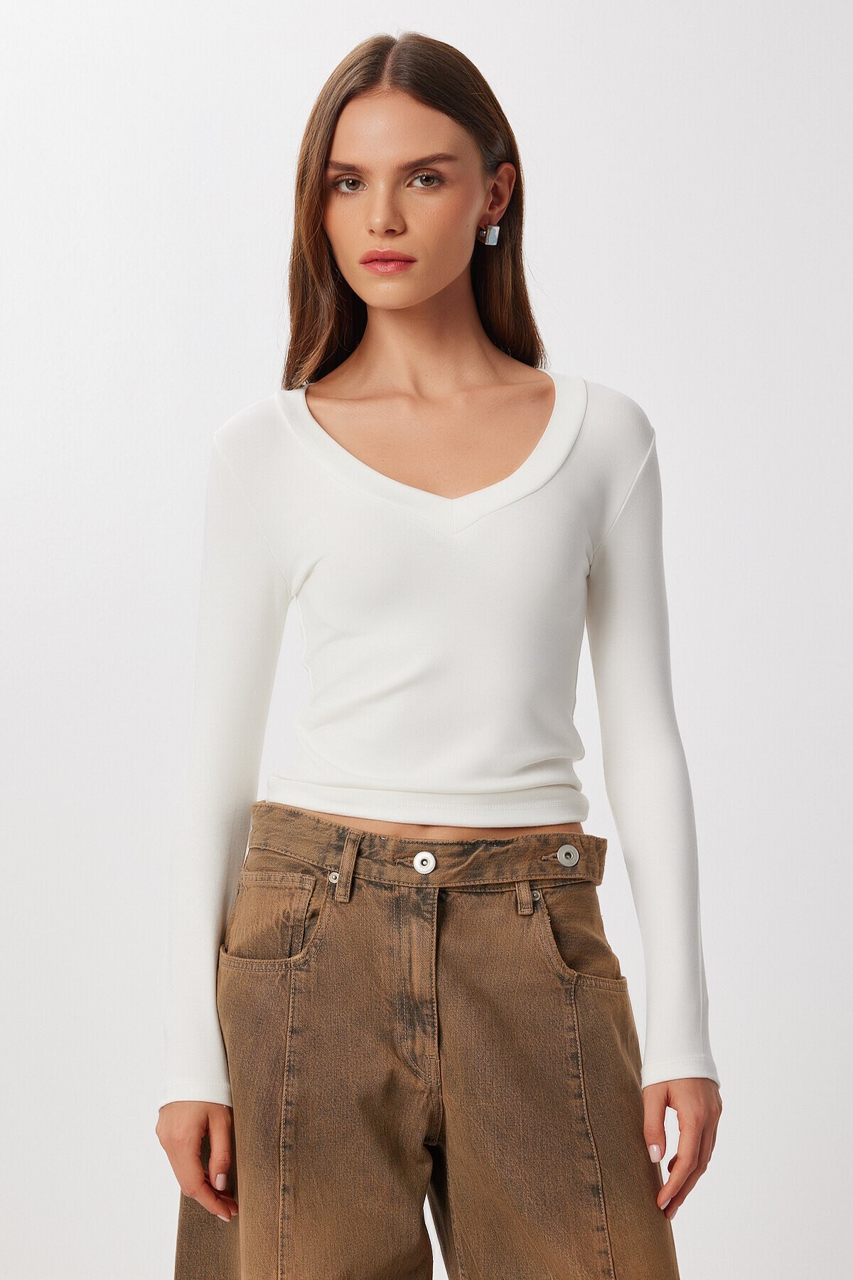 V Yaka Saran Basic Modal Bluz KEMİK LMW0029