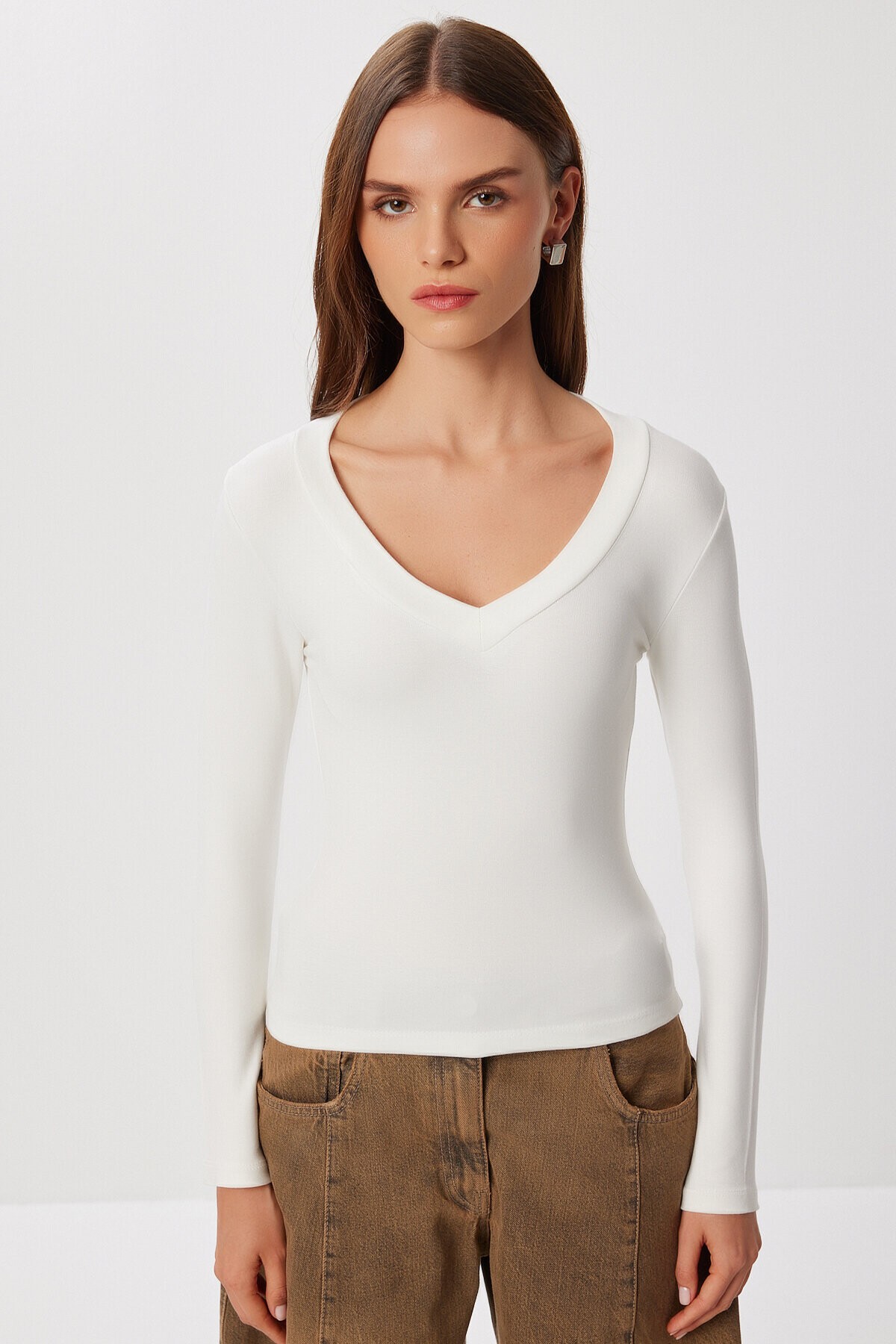 V Yaka Saran Basic Modal Bluz KEMİK LMW0029