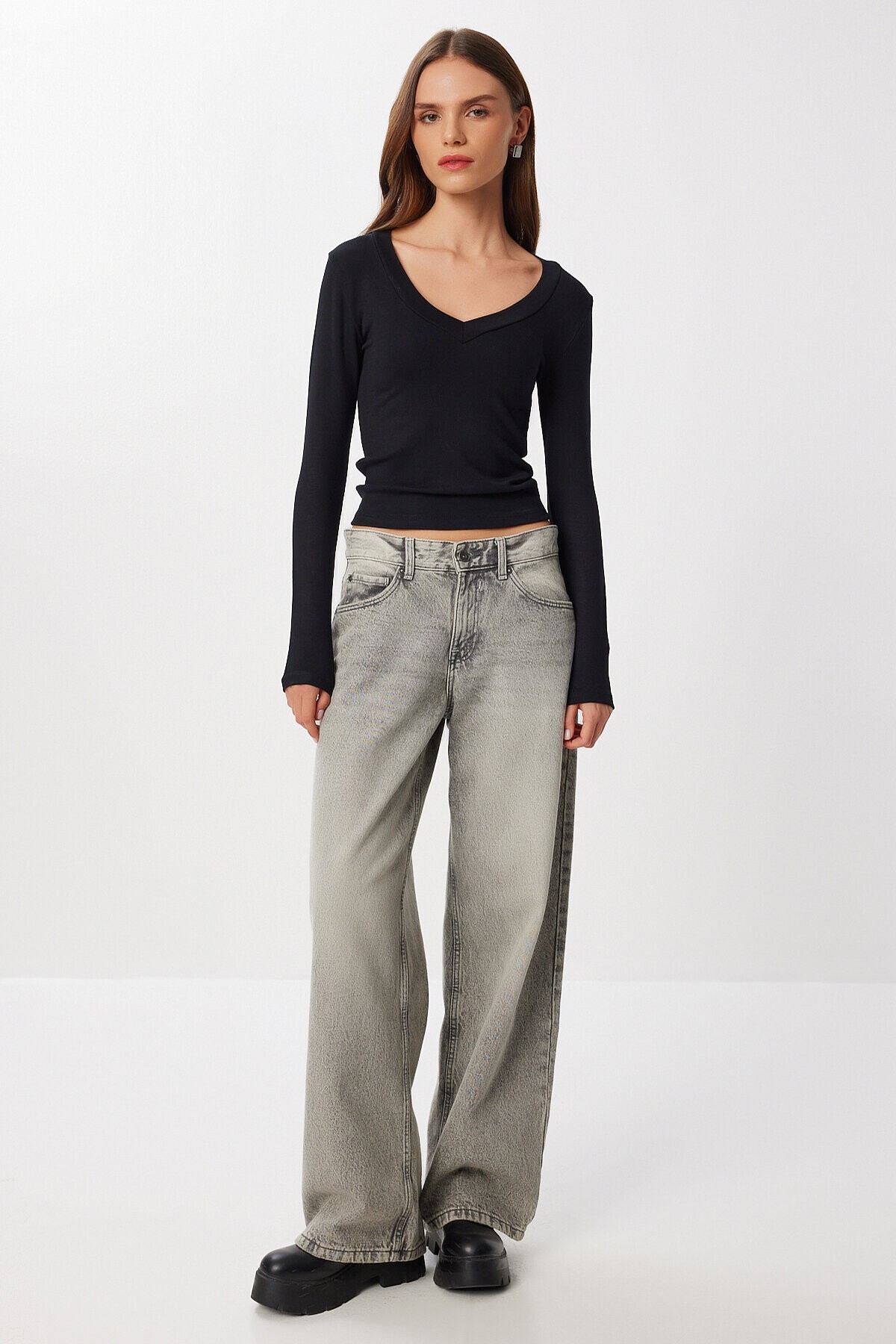 V Yaka Saran Basic Modal Bluz SİYAH LMW0029
