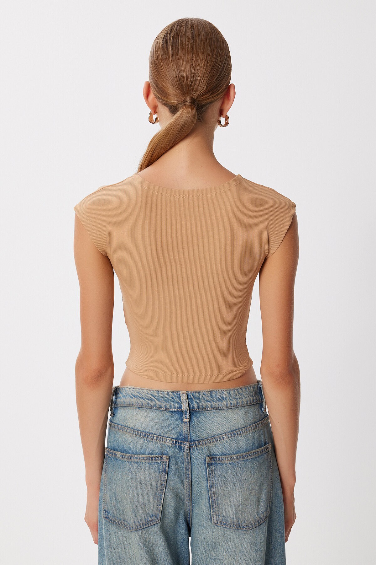 2’li Paket Basic Fitilli Örme Crop Bluz BİSKÜVİ KOYU MAVİ LMX0123