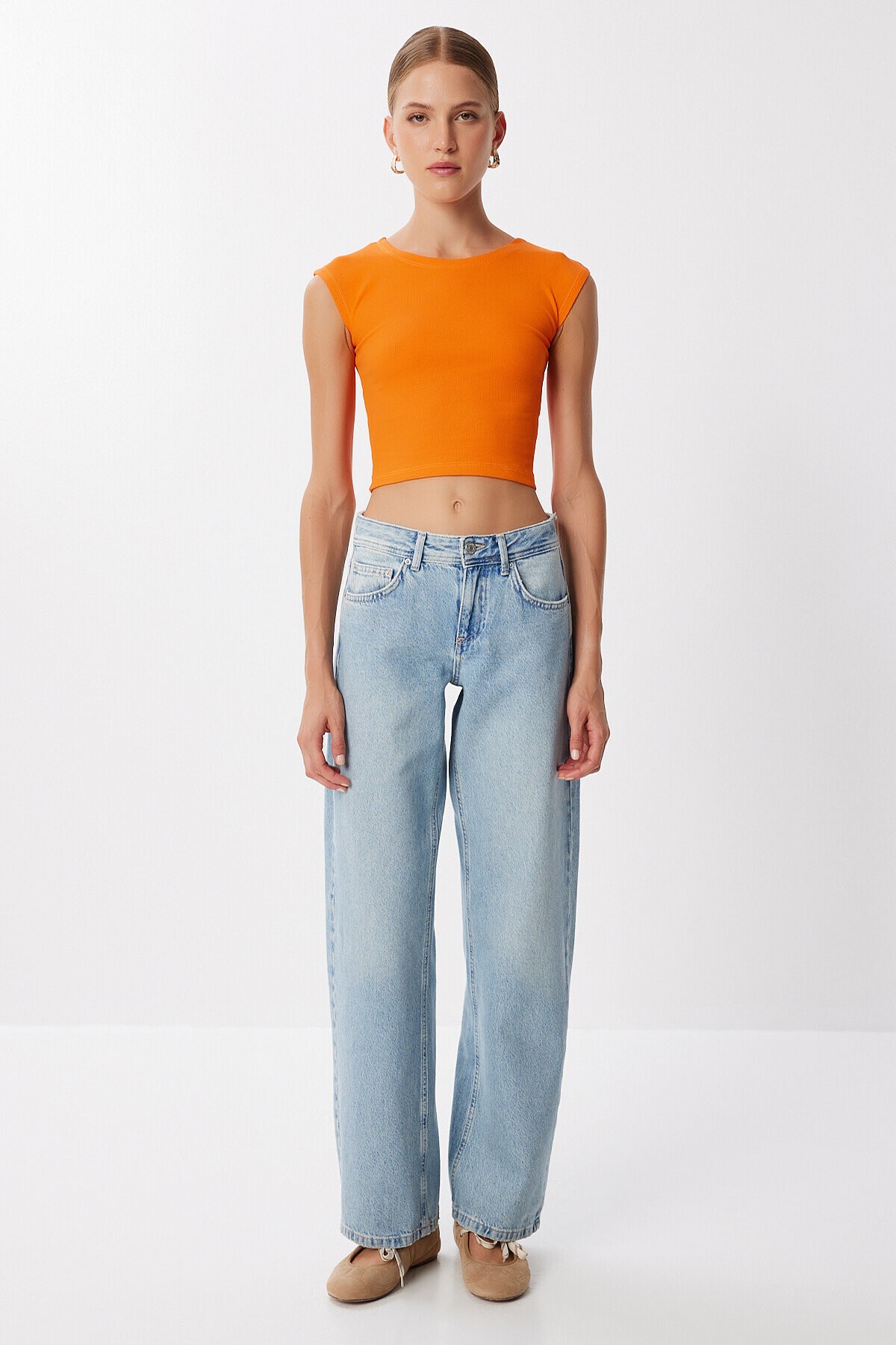 2’li Paket Basic Fitilli Örme Crop Bluz ORANJ PEMBE LMX0123