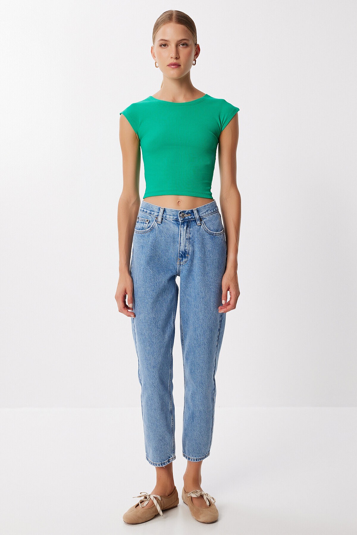 2’li Paket Basic Fitilli Örme Crop Bluz YEŞİL KOYU PEMBE LMX0123