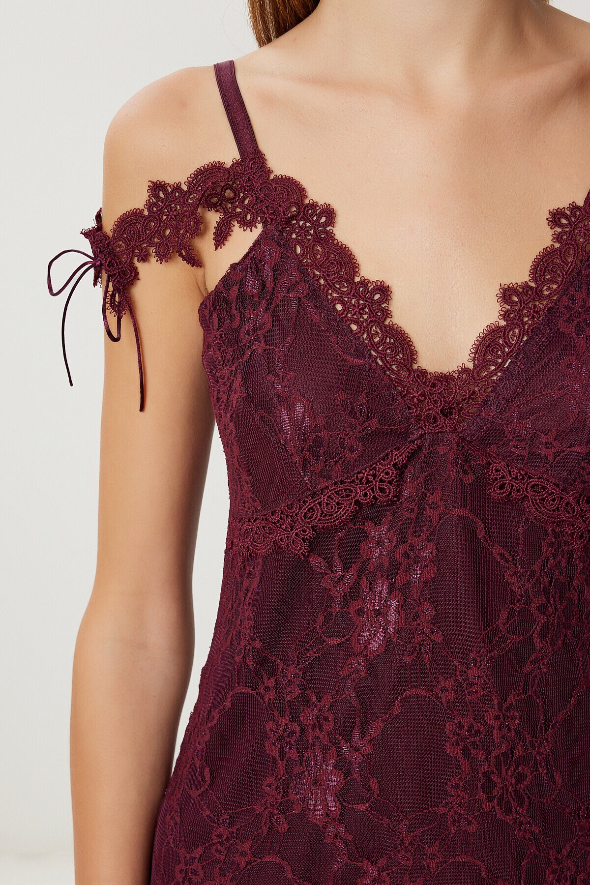 Askılı Dantelli Mini Örme Elbise BORDO LNV0008