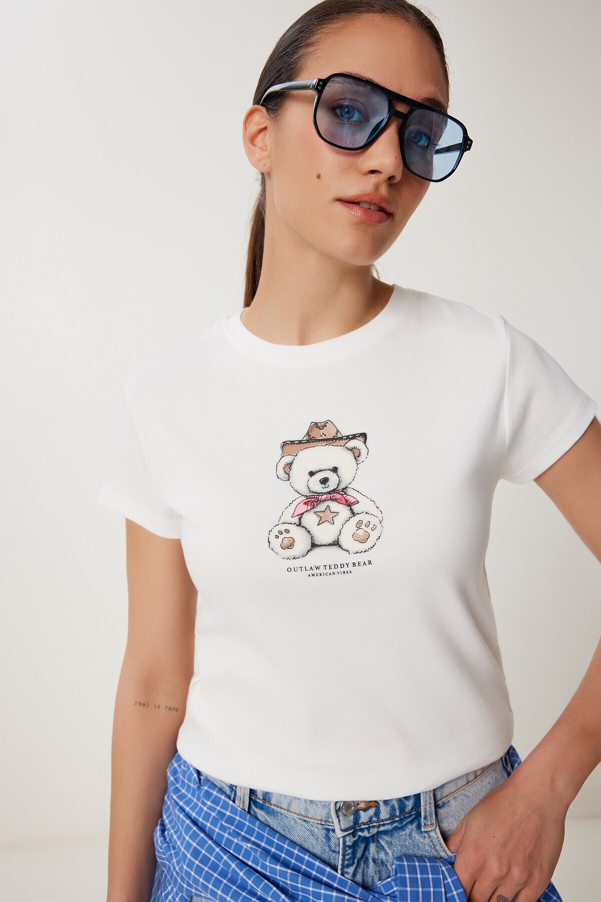 Ayıcık Baskılı Pamuklu Örme T-shirt EKRU LUB0111