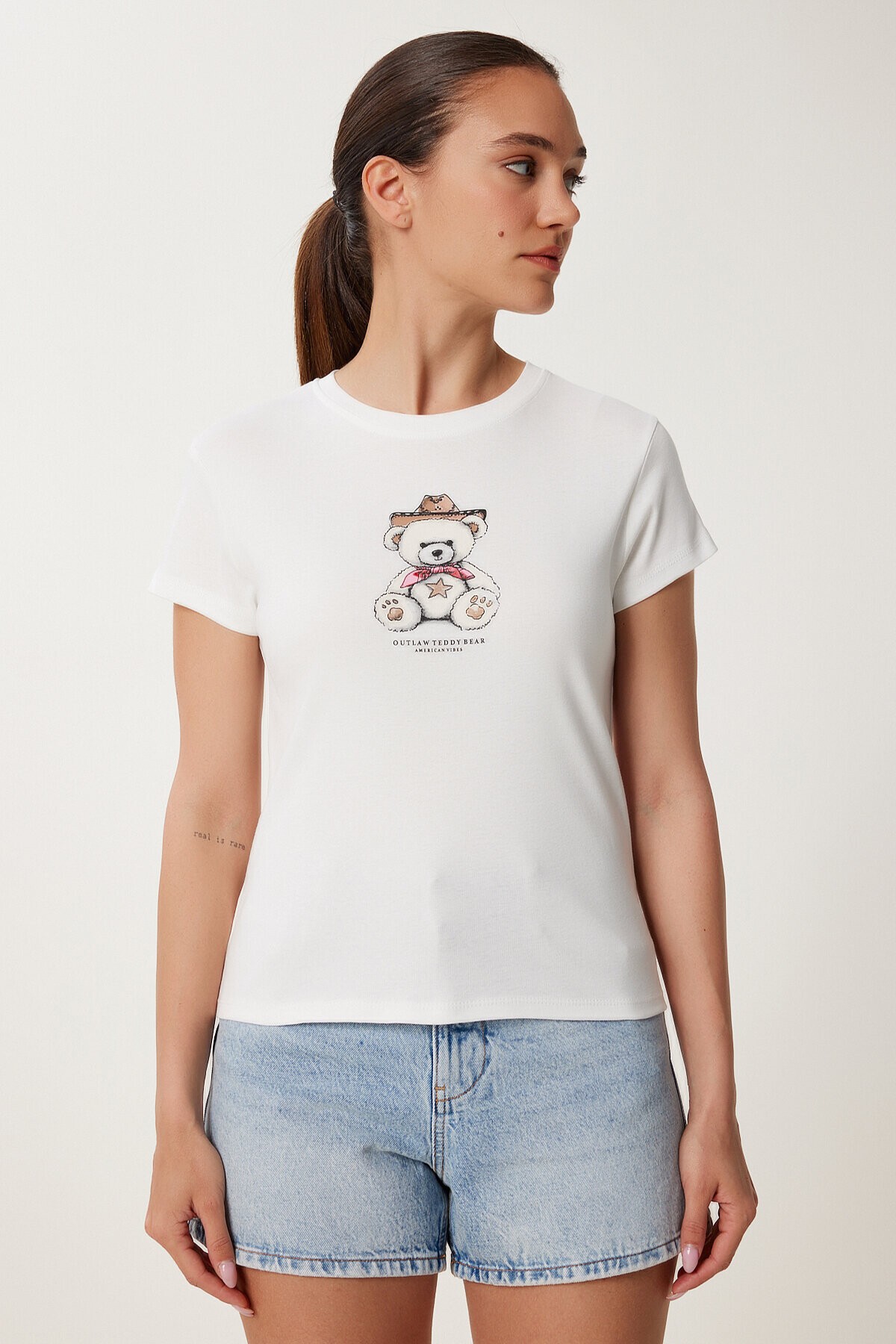 Ayıcık Baskılı Pamuklu Örme T-shirt EKRU LUB0111