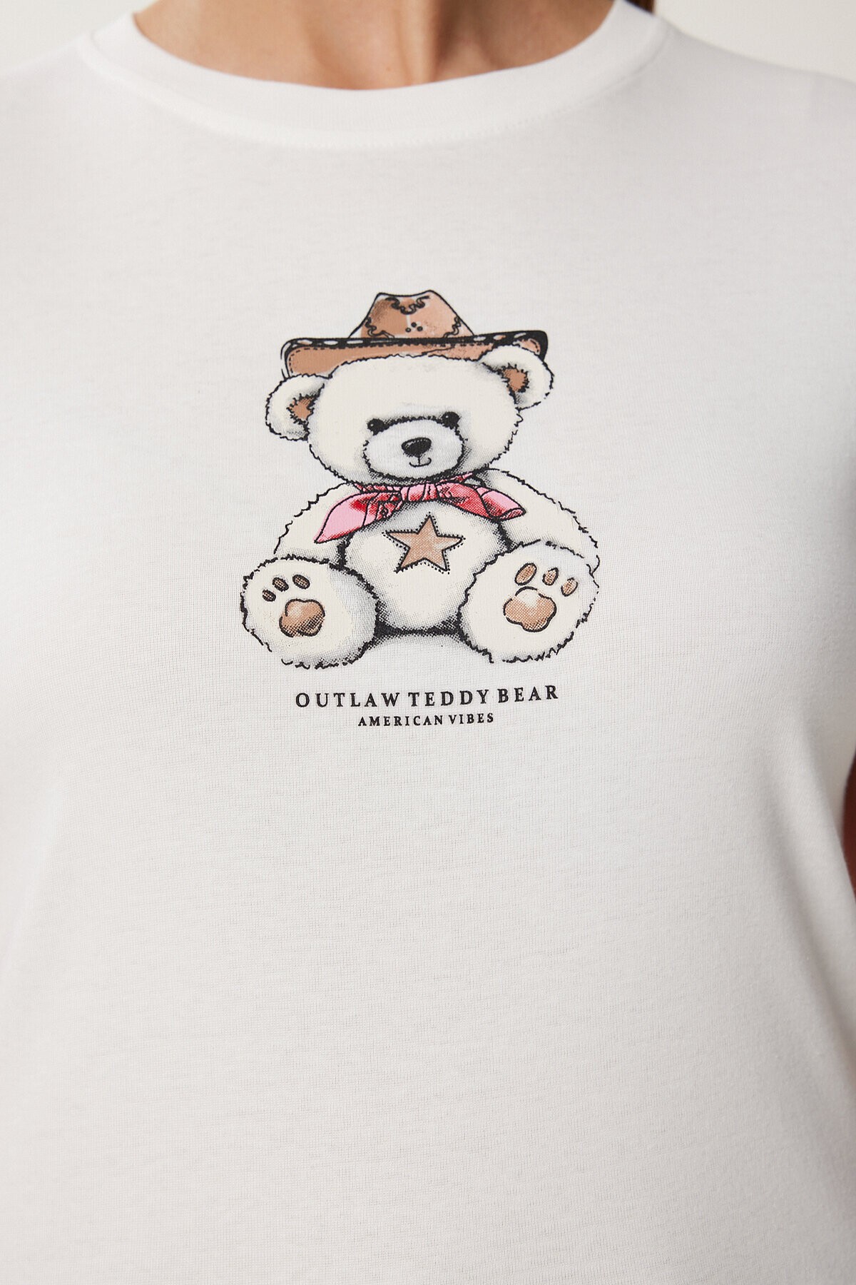 Ayıcık Baskılı Pamuklu Örme T-shirt EKRU LUB0111