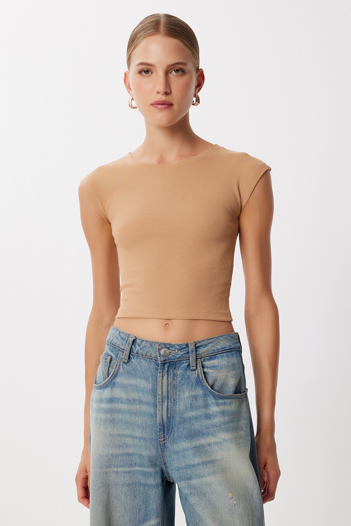 Basic Fitilli Örme Crop Bluz BİSKÜVİ LMX0122