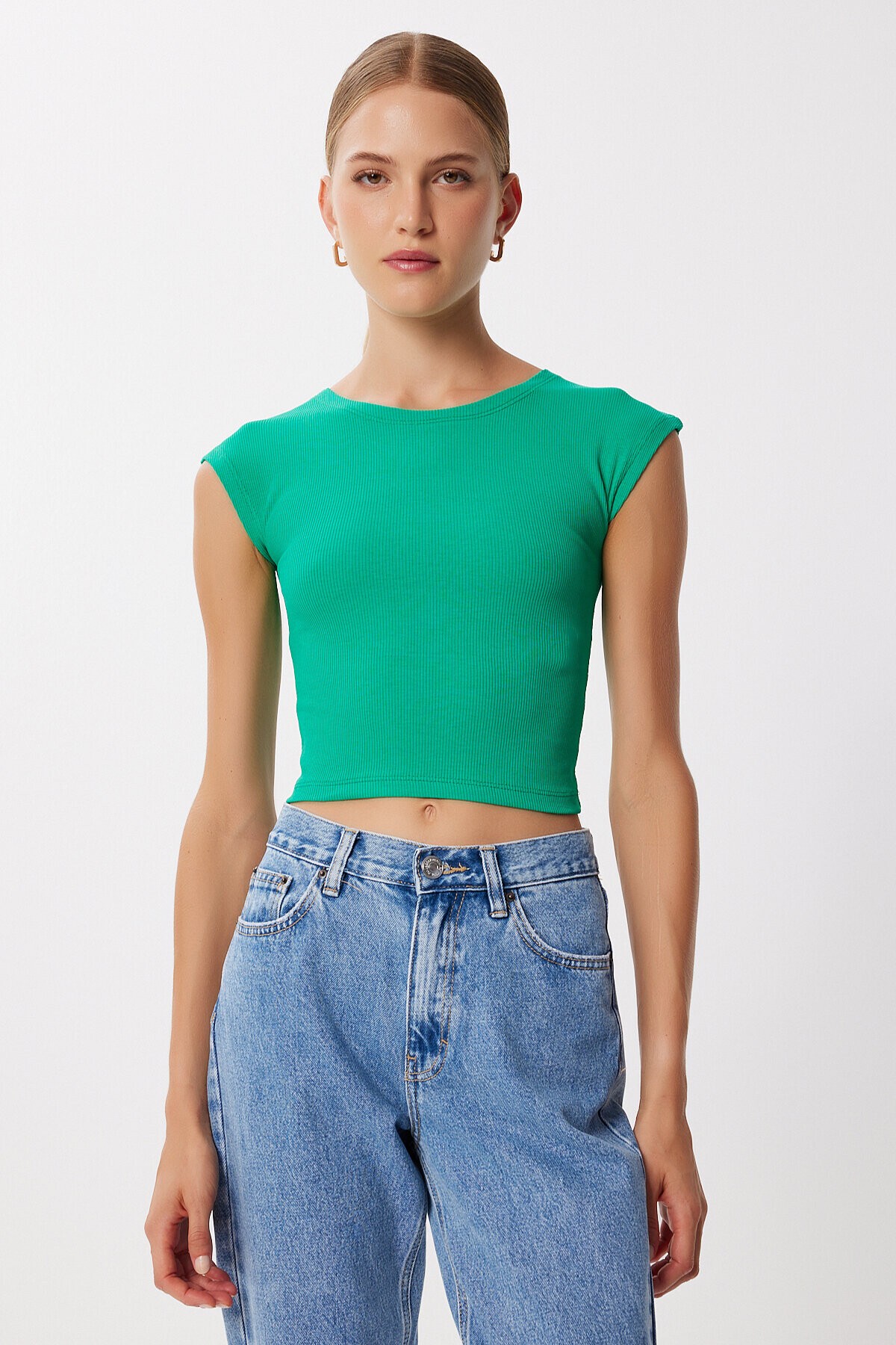Basic Fitilli Örme Crop Bluz YEŞİL LMX0122