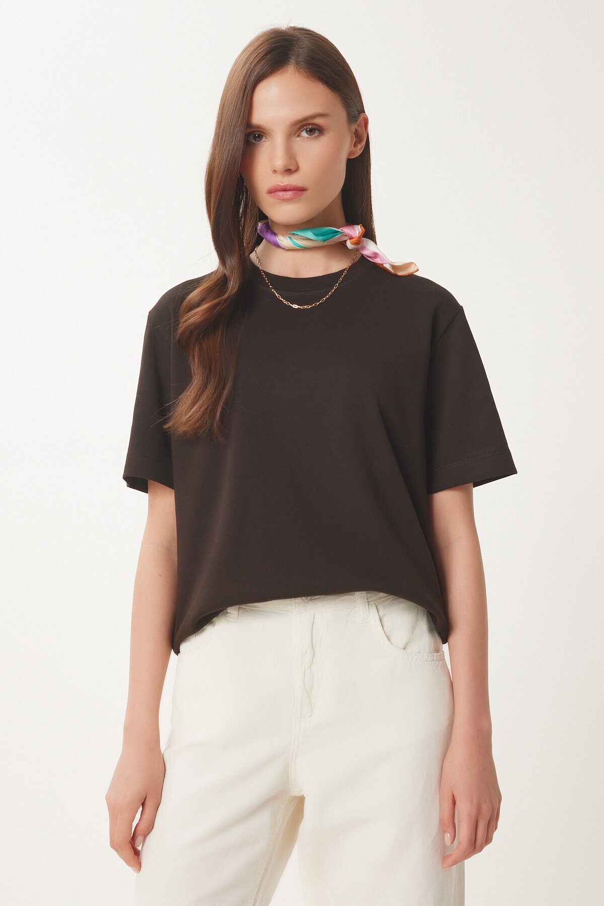 Basic Pamuklu Örme T-shirt ACI KAHVE LUS0094