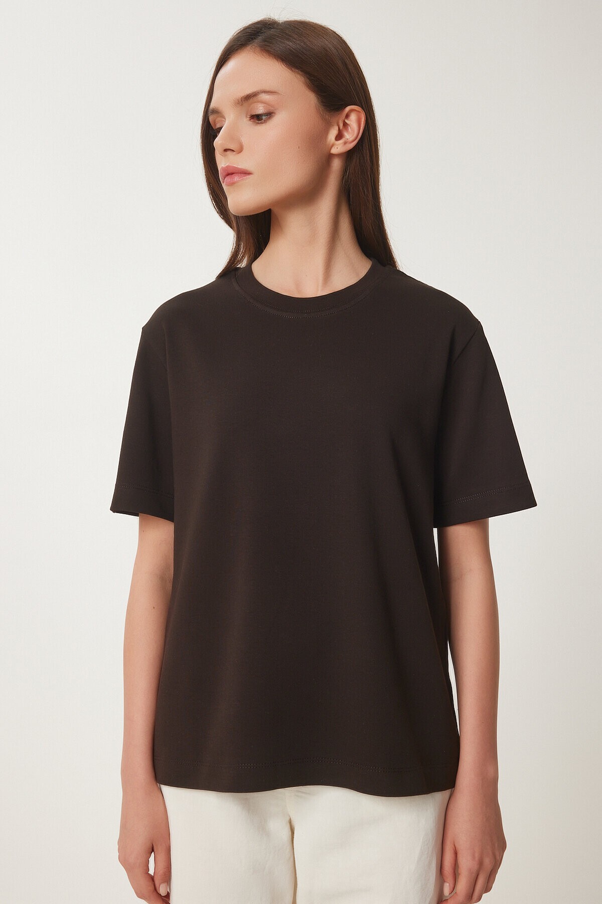 Basic Pamuklu Örme T-shirt ACI KAHVE LUS0094
