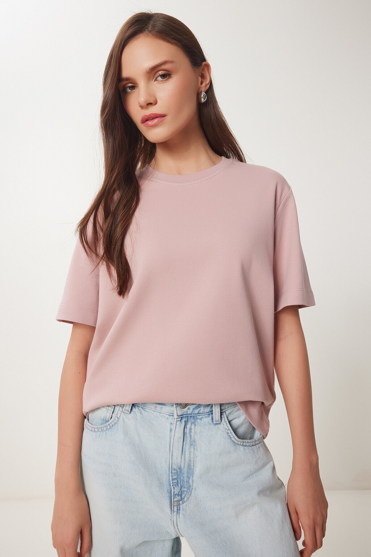 Basic Pamuklu Örme T-shirt GÜL KURUSU LUS0094