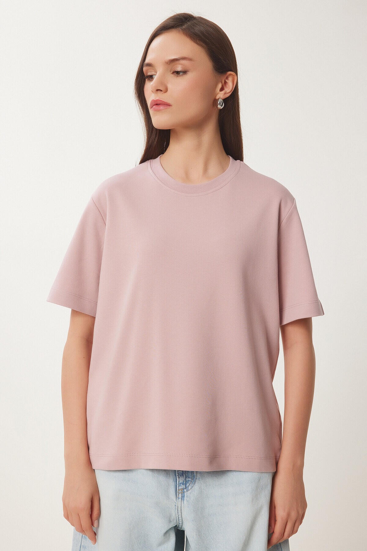 Basic Pamuklu Örme T-shirt GÜL KURUSU LUS0094