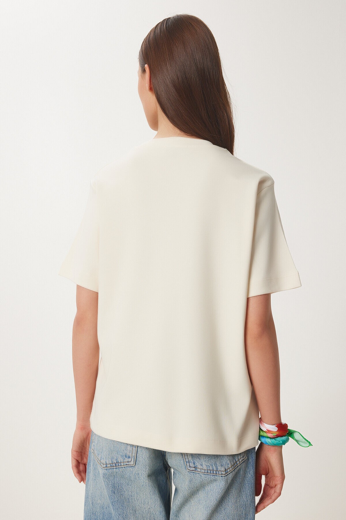 Basic Pamuklu Örme T-shirt KREM LUS0094