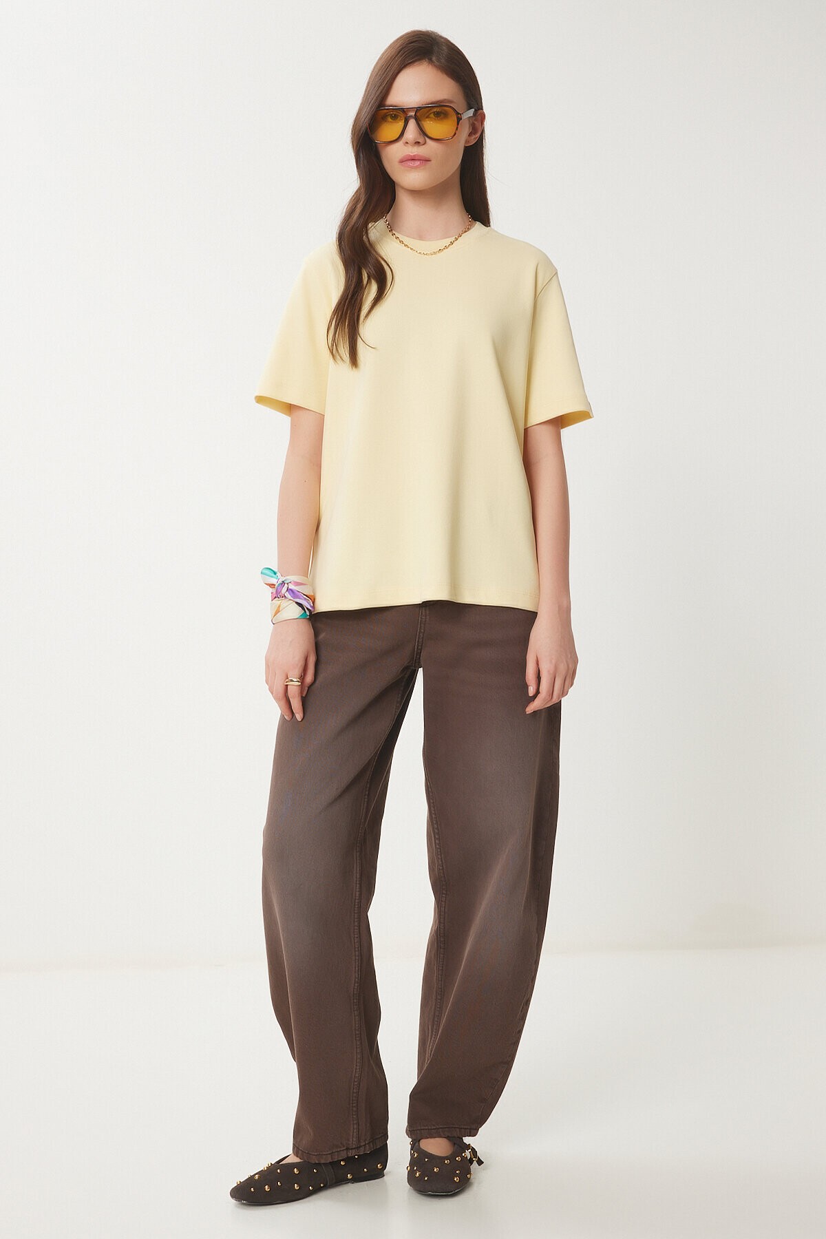 Basic Pamuklu Örme T-shirt SARI LUS0094