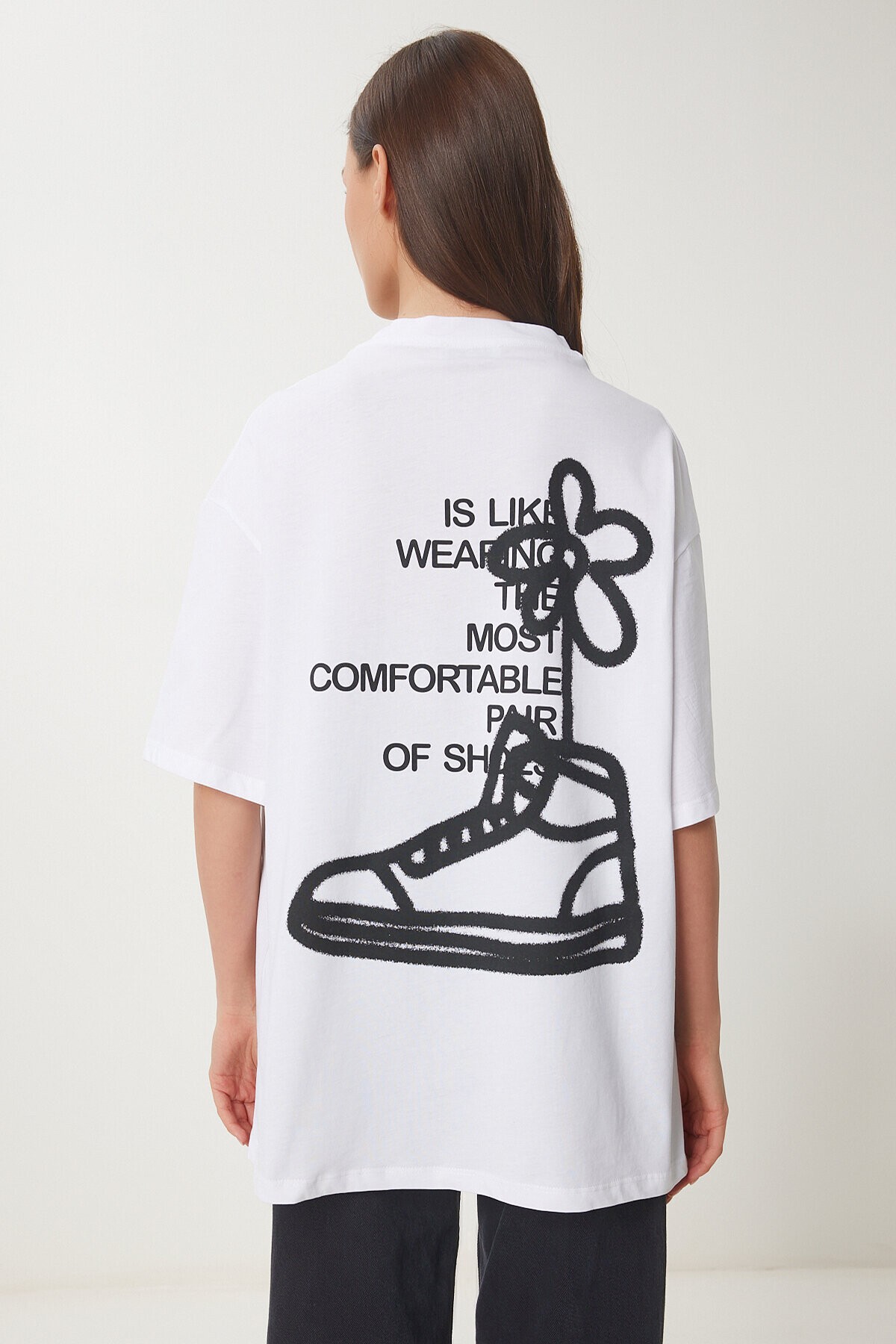 Baskılı Pamuklu Oversize Örme T-shirt BEYAZ LUB0104