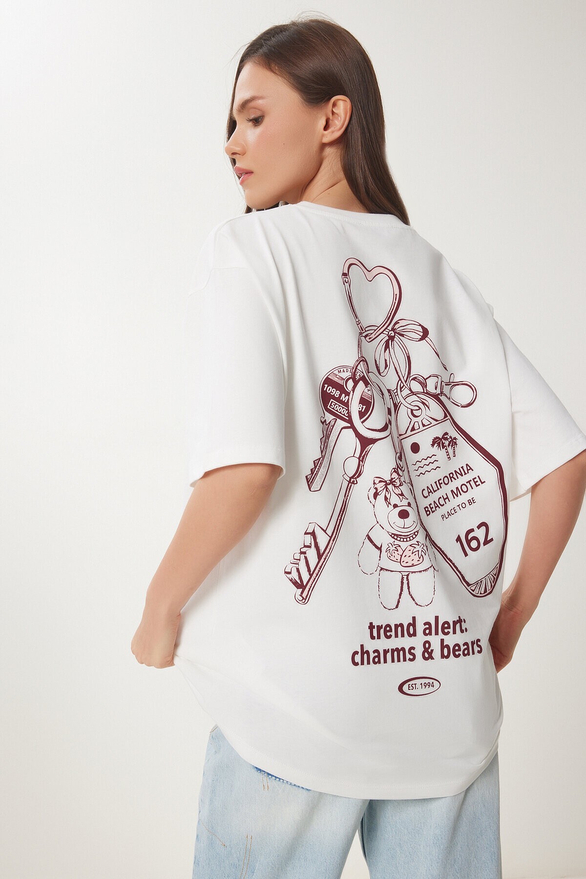 Baskılı Pamuklu Oversize Örme T-shirt EKRU LUB0105