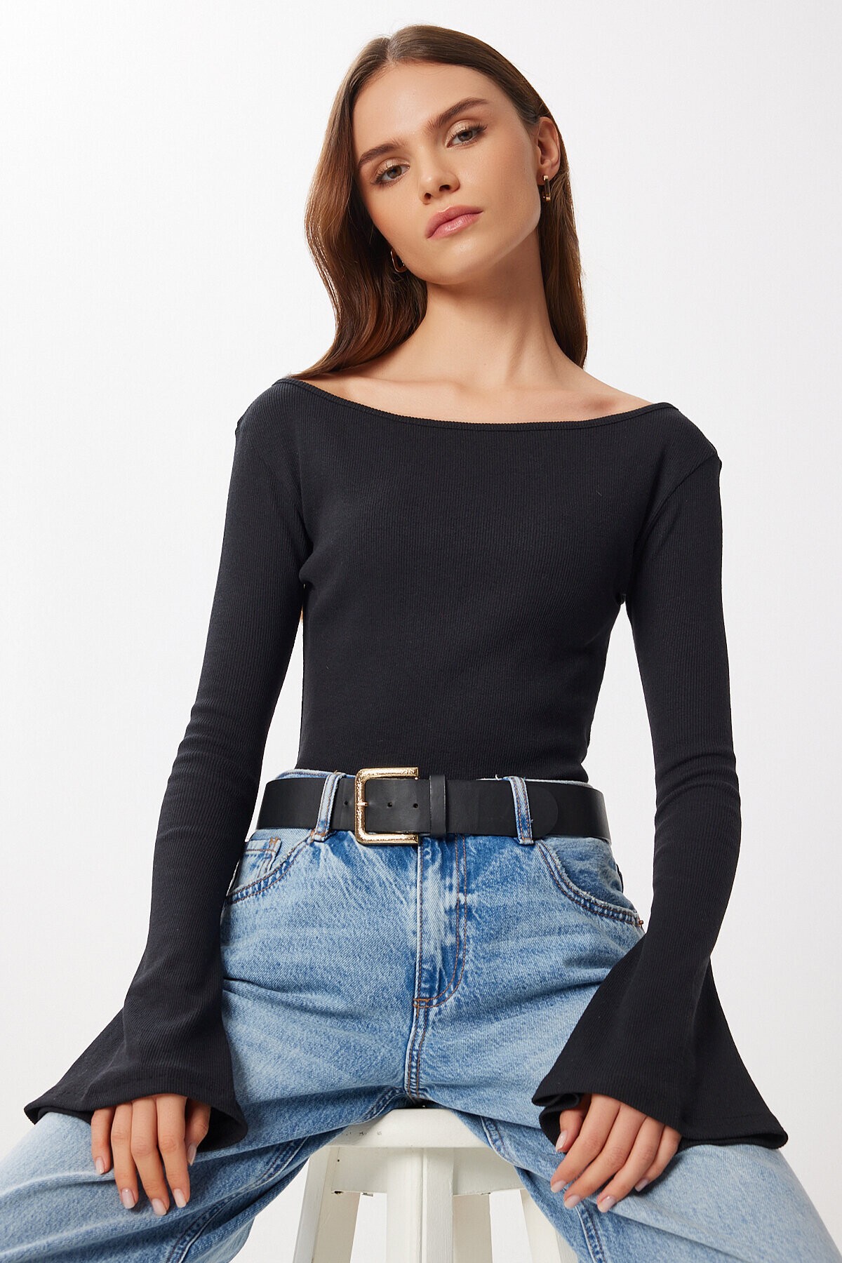 Çan kollu Saran Basic Örme Bluz SİYAH LEN0040