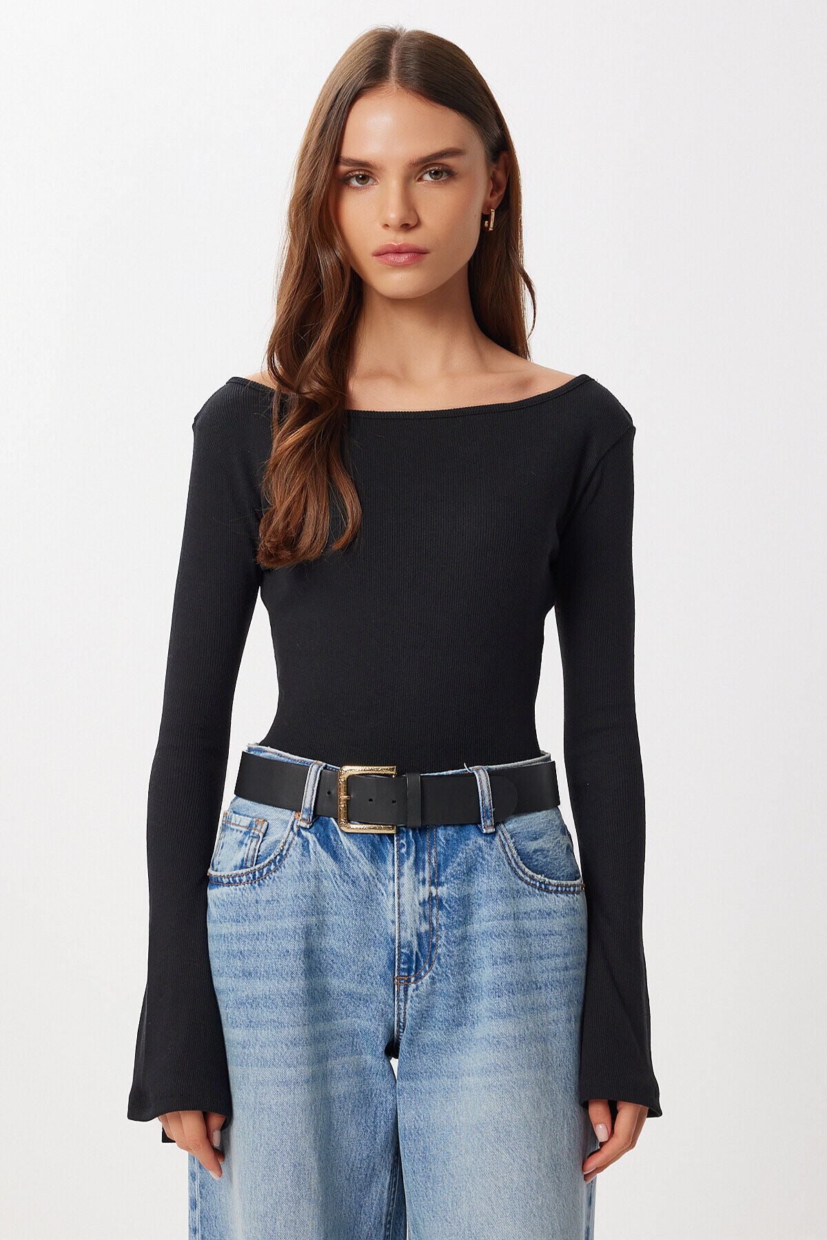 Çan kollu Saran Basic Örme Bluz SİYAH LEN0040