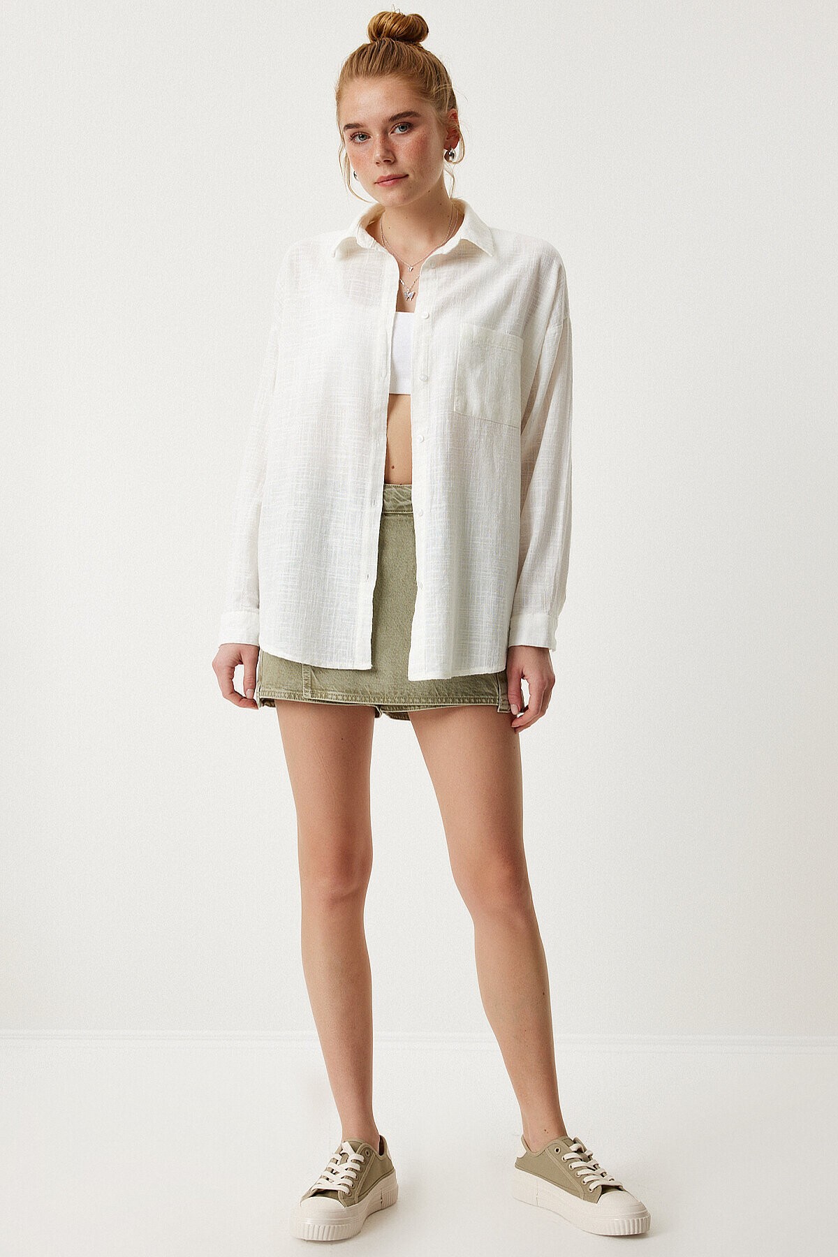 Cepli Oversize Basic Keten Gömlek EKRU LMX0003