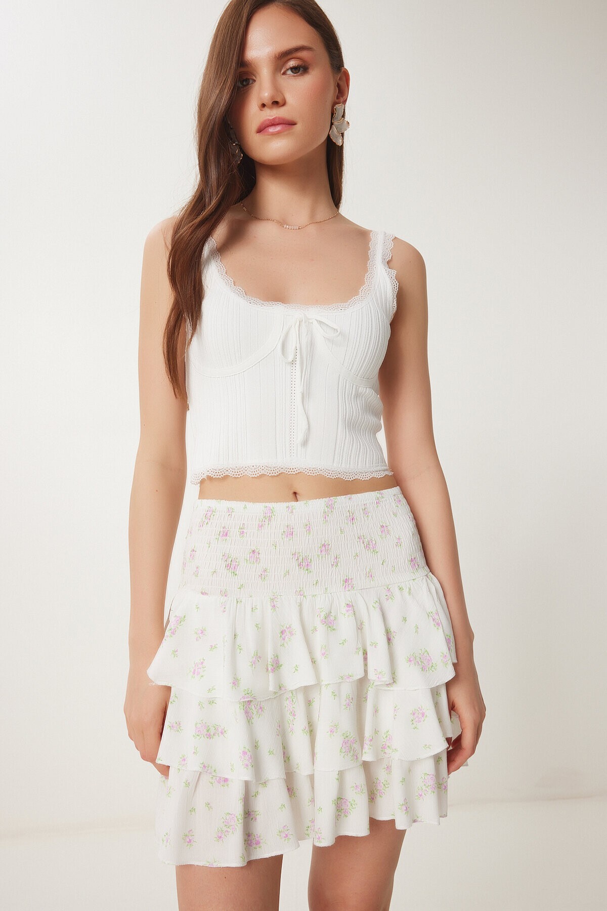 Çiçekli Volanlı Yazlık Mini Etek EKRU PEMBE LUB0103