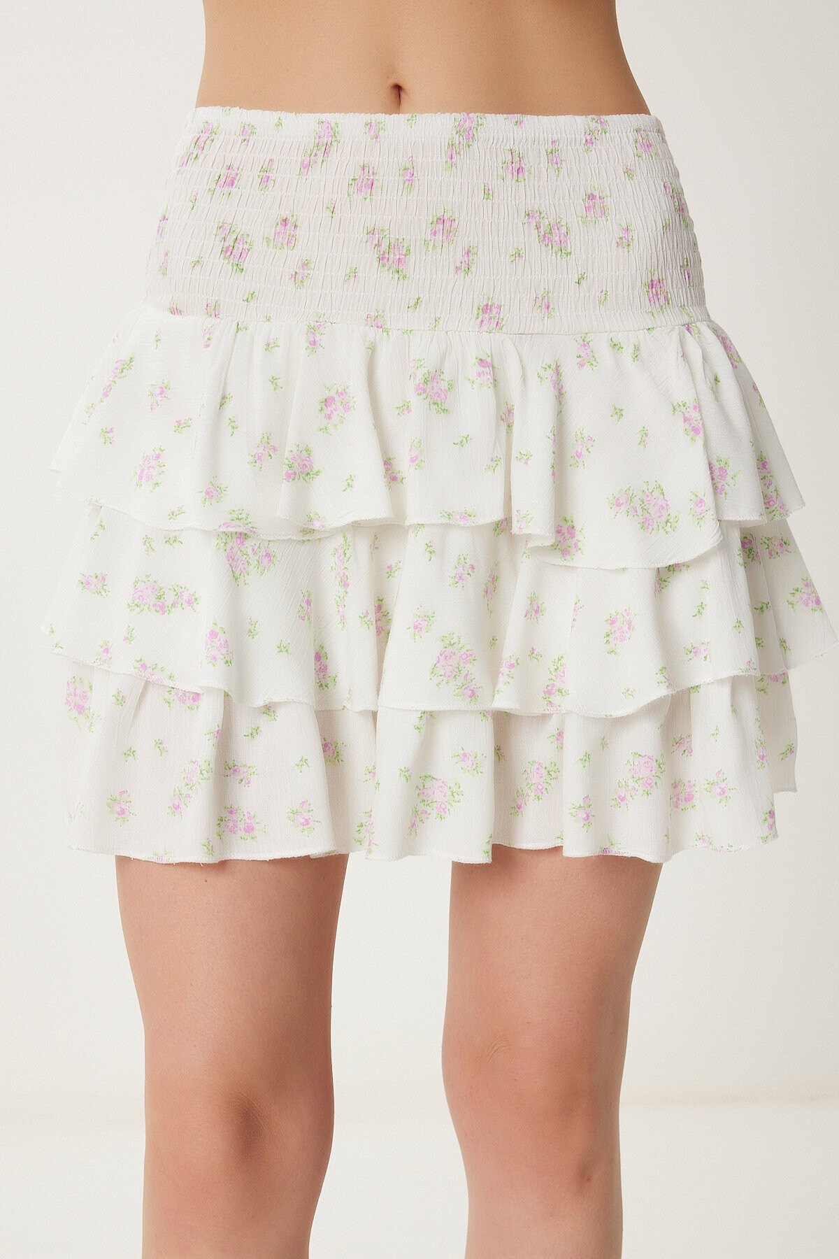 Çiçekli Volanlı Yazlık Mini Etek EKRU PEMBE LUB0103