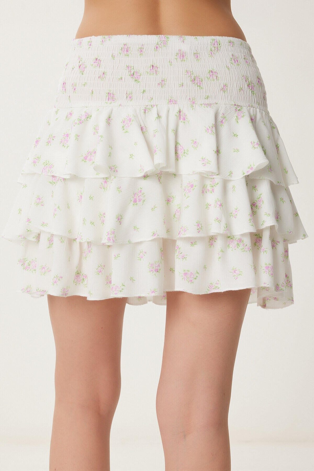 Çiçekli Volanlı Yazlık Mini Etek EKRU PEMBE LUB0103