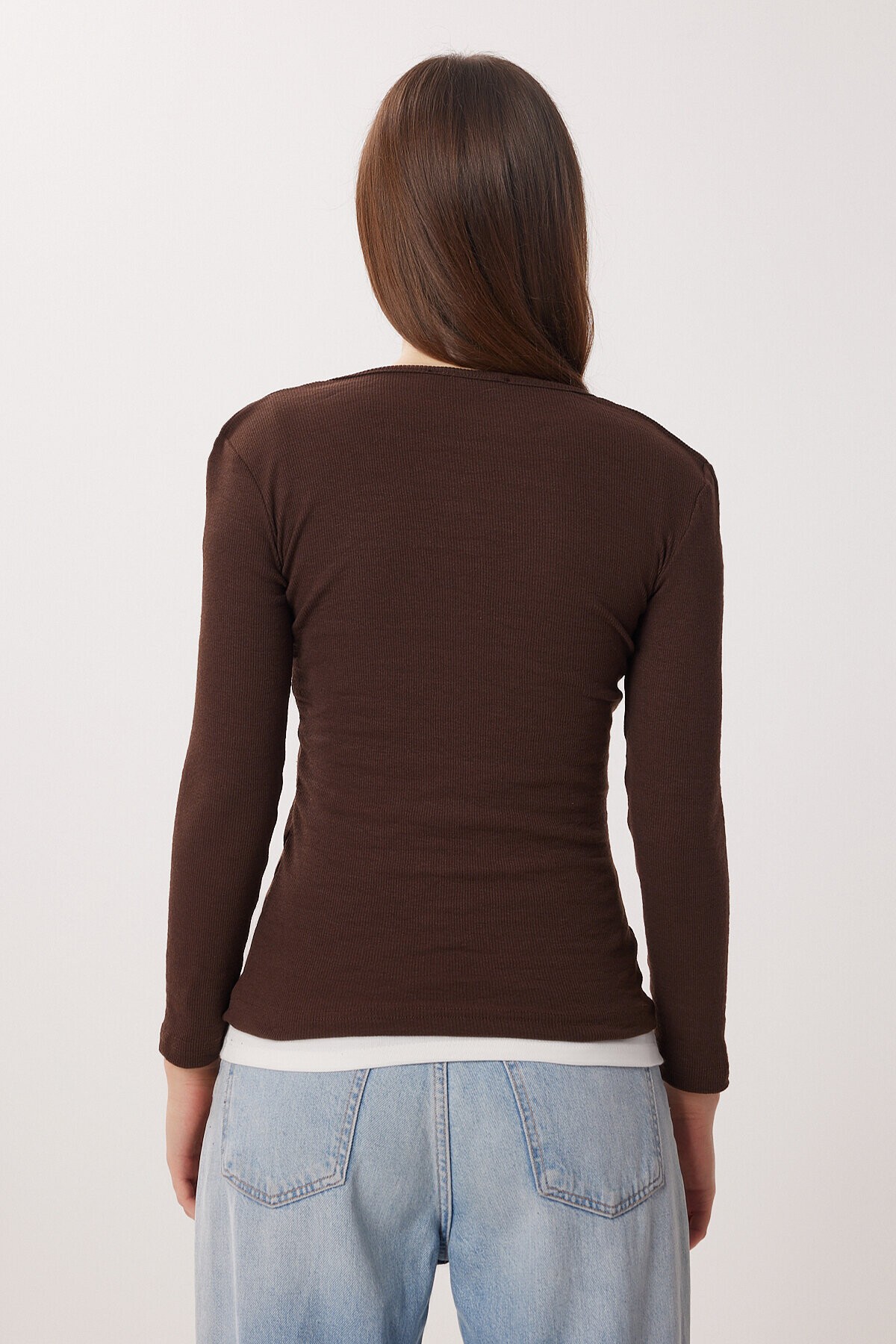 Çıtçıtlı Fitilli Örme Bluz KAHVERENGİ LRN0015