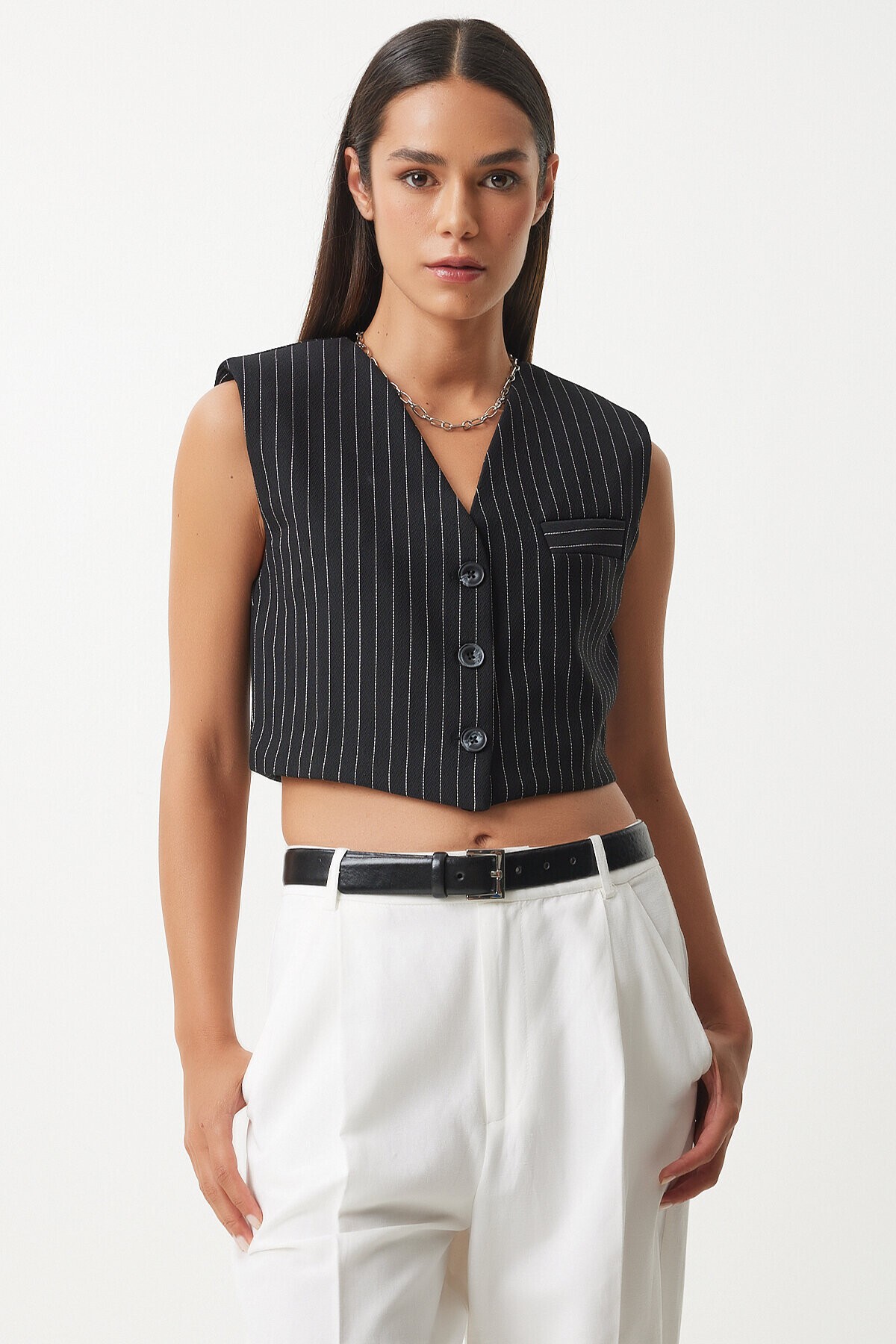 Çizgili Crop Dokuma Yelek SİYAH LTO0011