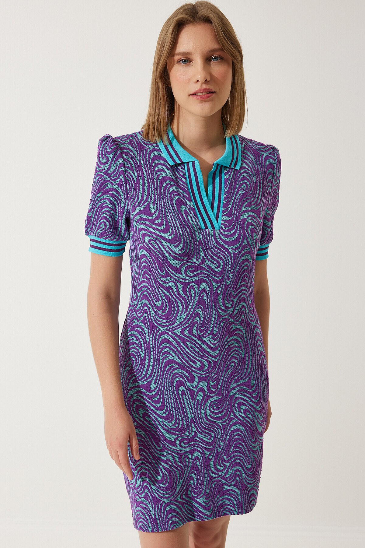 Desenli Polo Yaka Triko Elbise MOR LNV0006