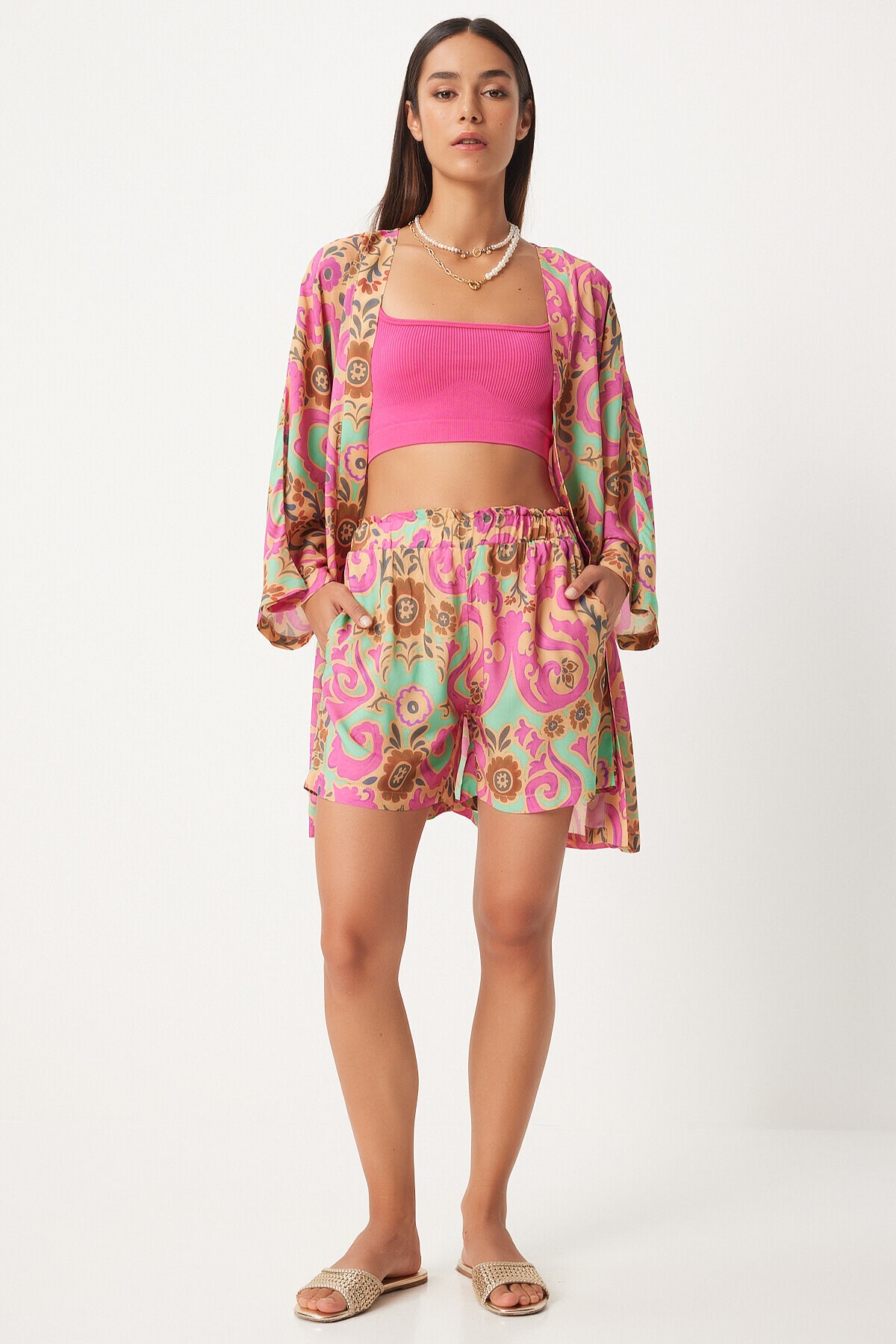 Desenli Viskon  Kimono Şort Takım BEJ PEMBE LWF0006
