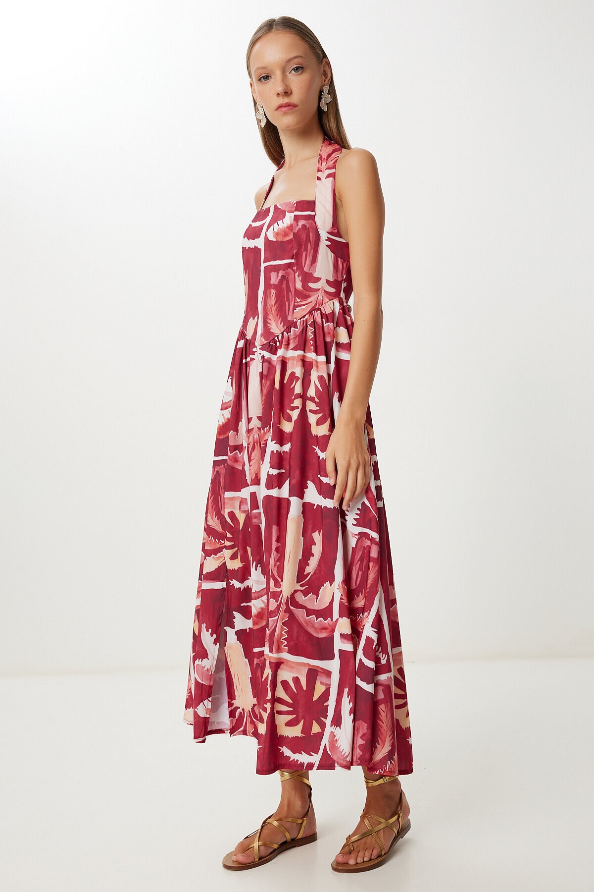 Desenli Yazlık Midi Poplin Elbise BORDO SARI LUB0139