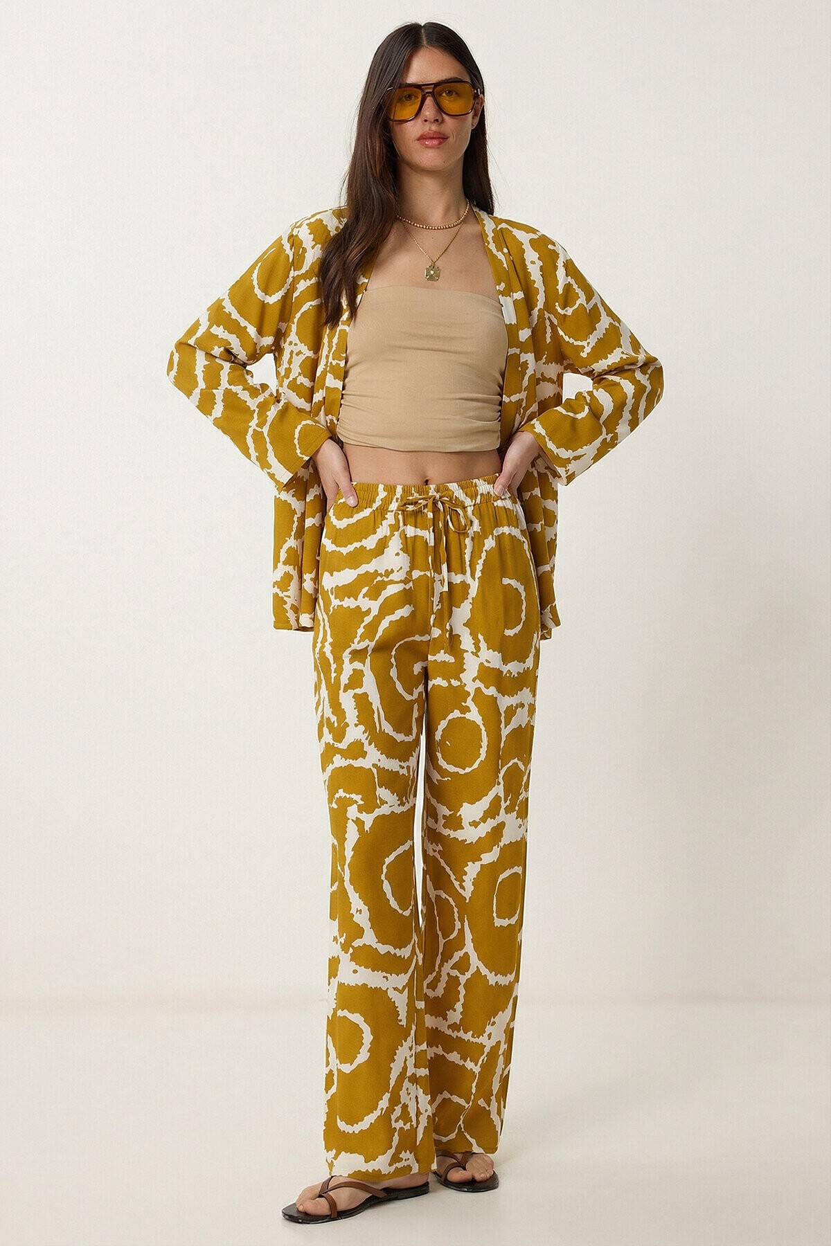 Desenli Yazlık Viskon Kimono Pantolon Takım HARDAL KEMİK LRN0013