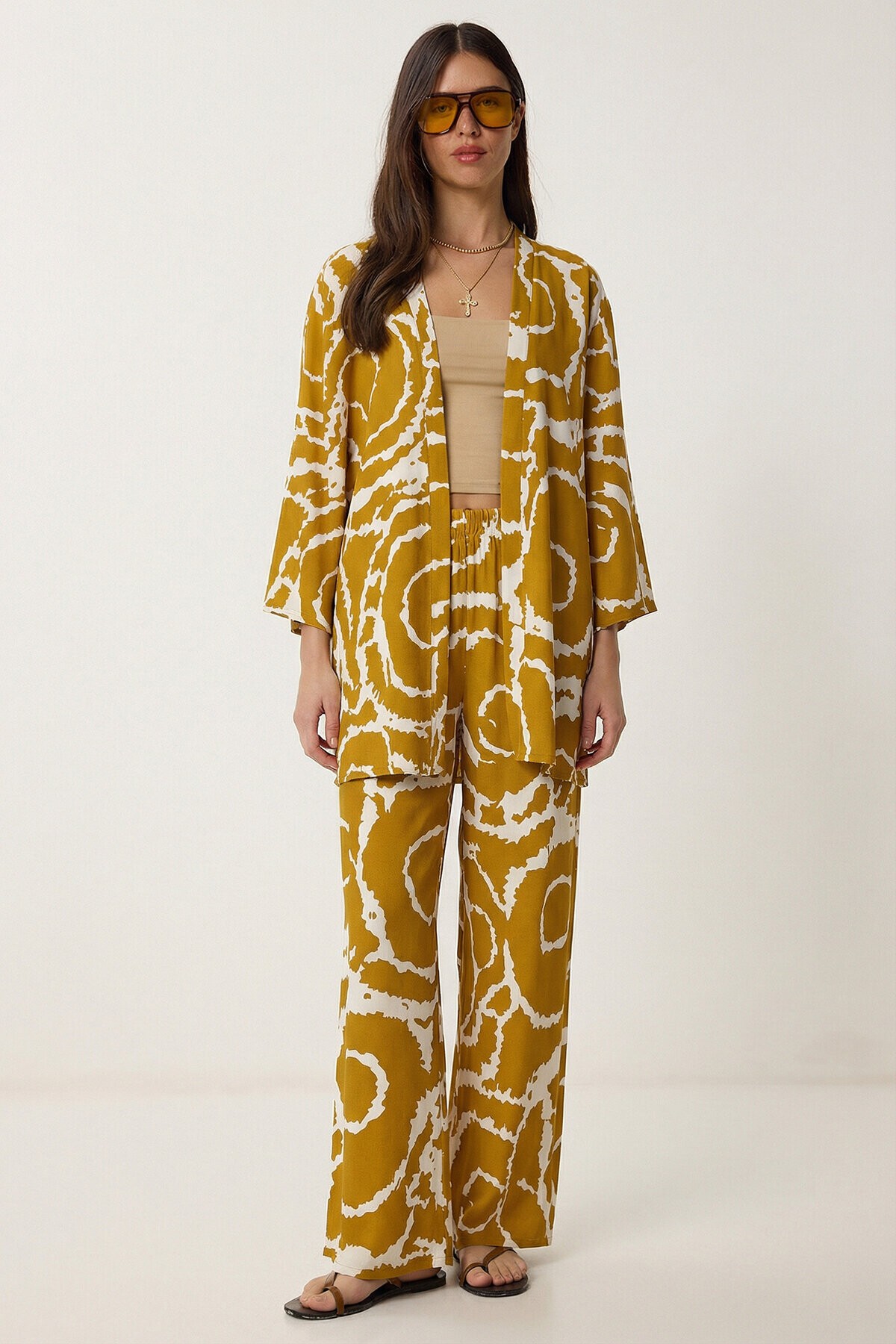 Desenli Yazlık Viskon Kimono Pantolon Takım HARDAL KEMİK LRN0013