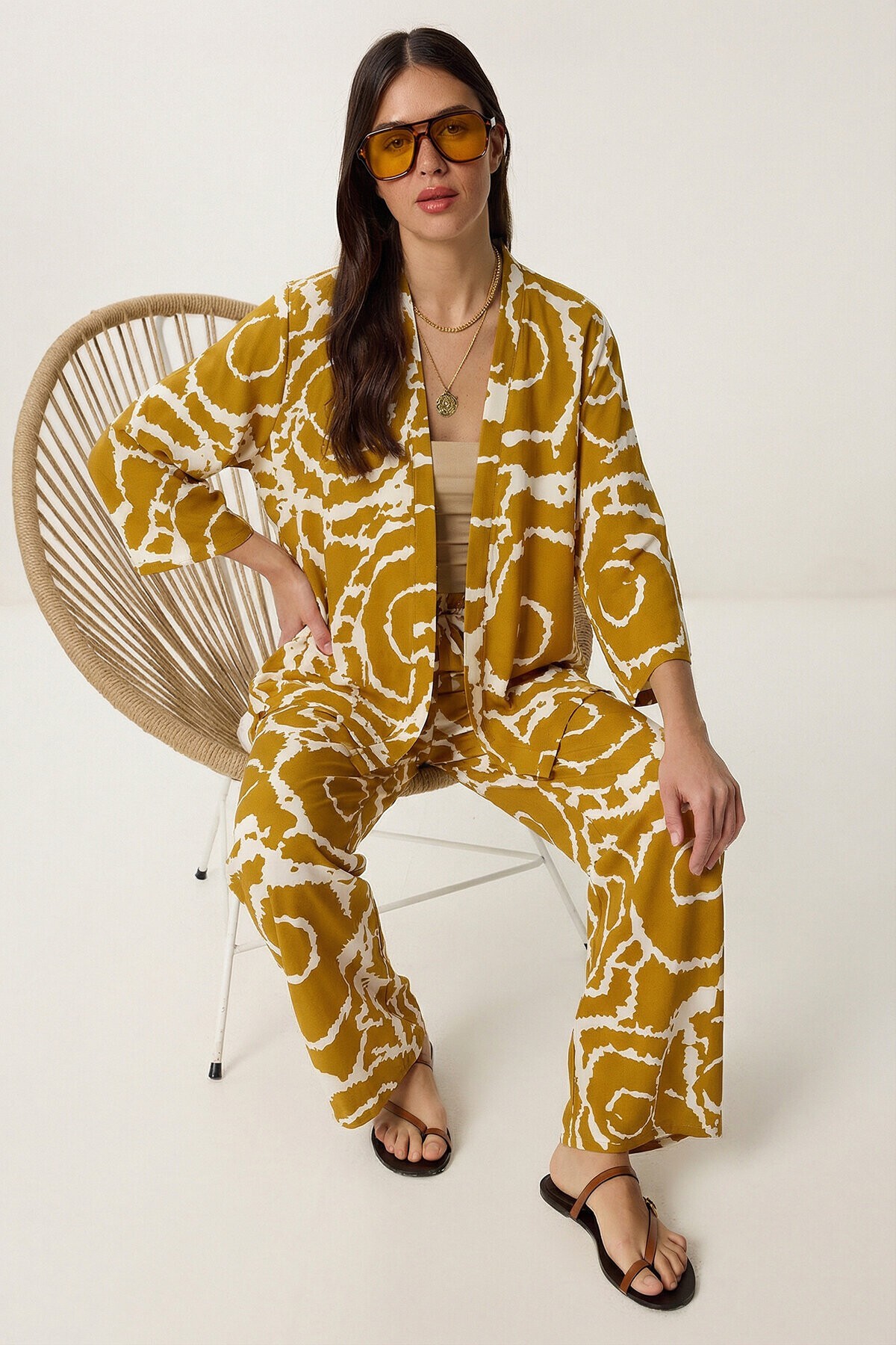 Desenli Yazlık Viskon Kimono Pantolon Takım HARDAL KEMİK LRN0013