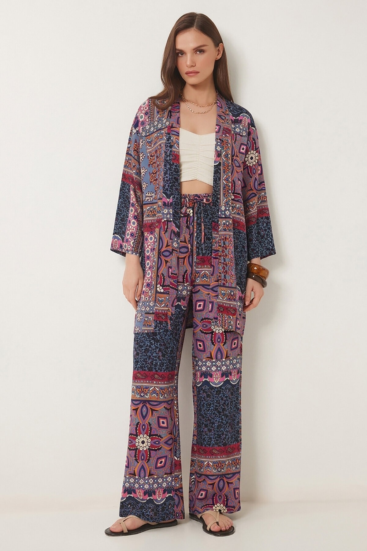 Desenli Yazlık Viskon Kimono Pantolon Takım İNDİGO MAVİ PEMBE LRN0013