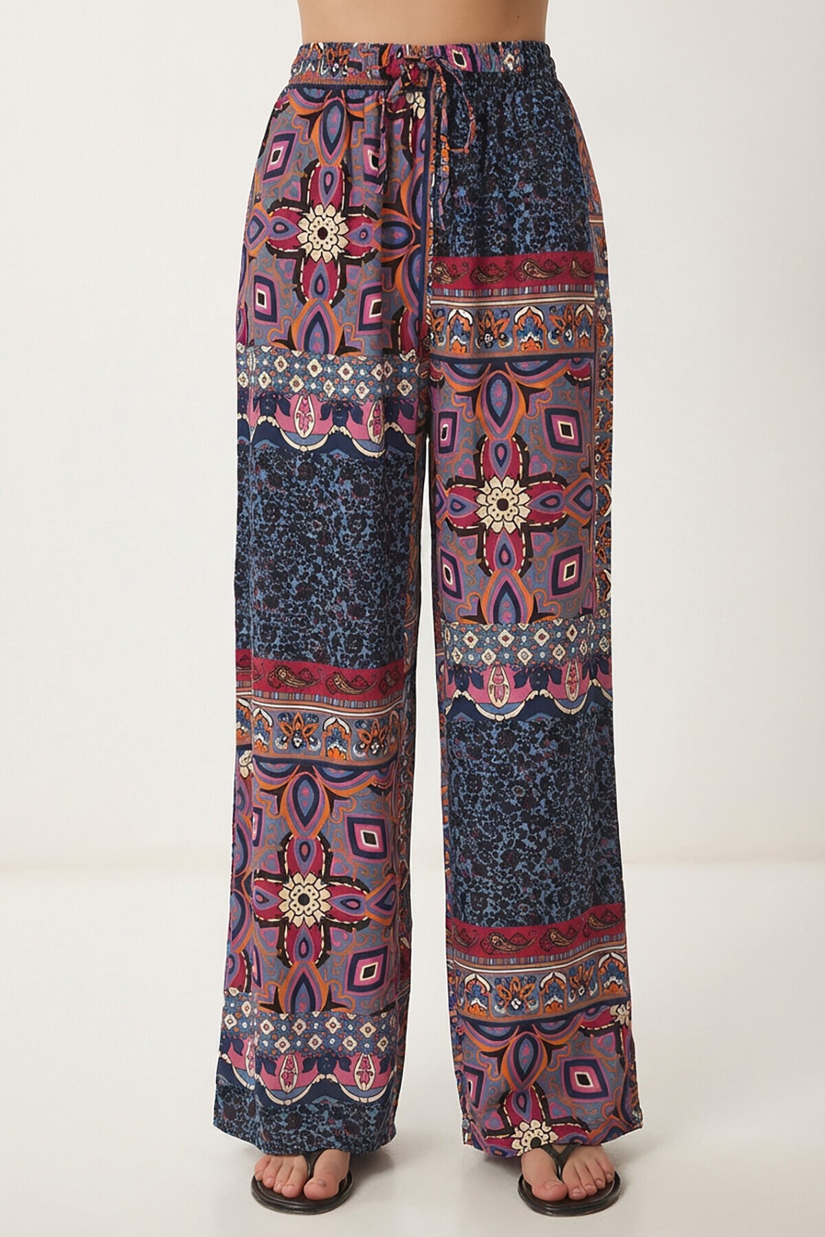 Desenli Yazlık Viskon Kimono Pantolon Takım İNDİGO MAVİ PEMBE LRN0013