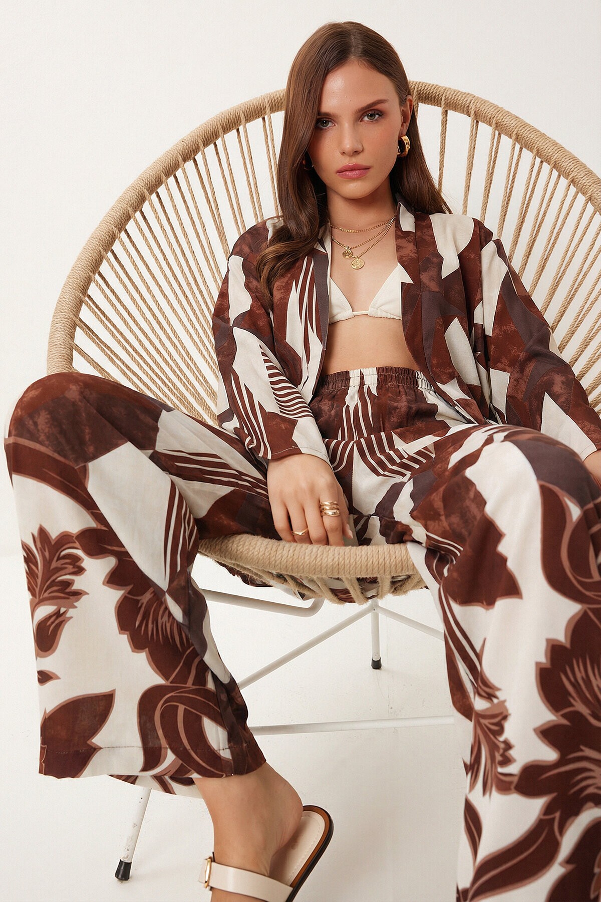 Desenli Yazlık Viskon Kimono Pantolon Takım KAHVERENGİ KEMİK LRN0013