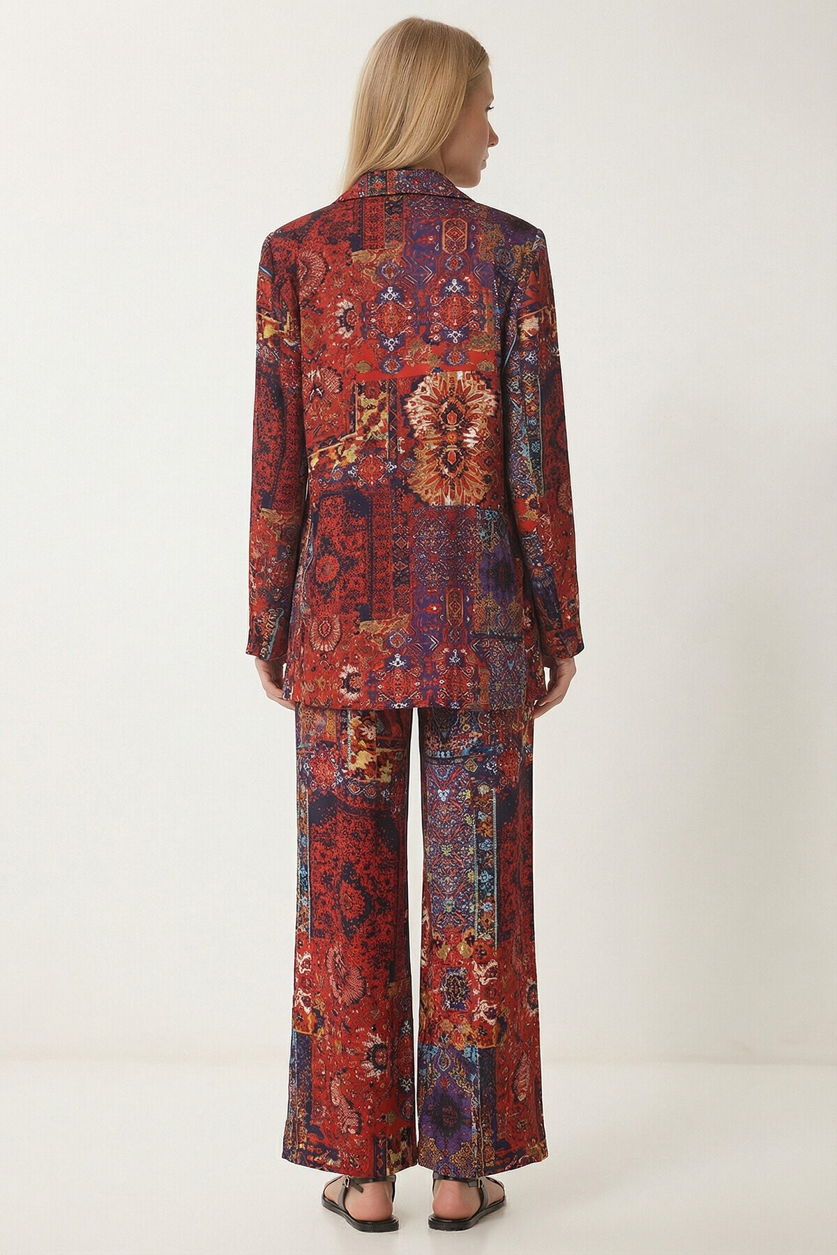 Desenli Yazlık Viskon Kimono Pantolon Takım KİREMİT MOR LRN0013