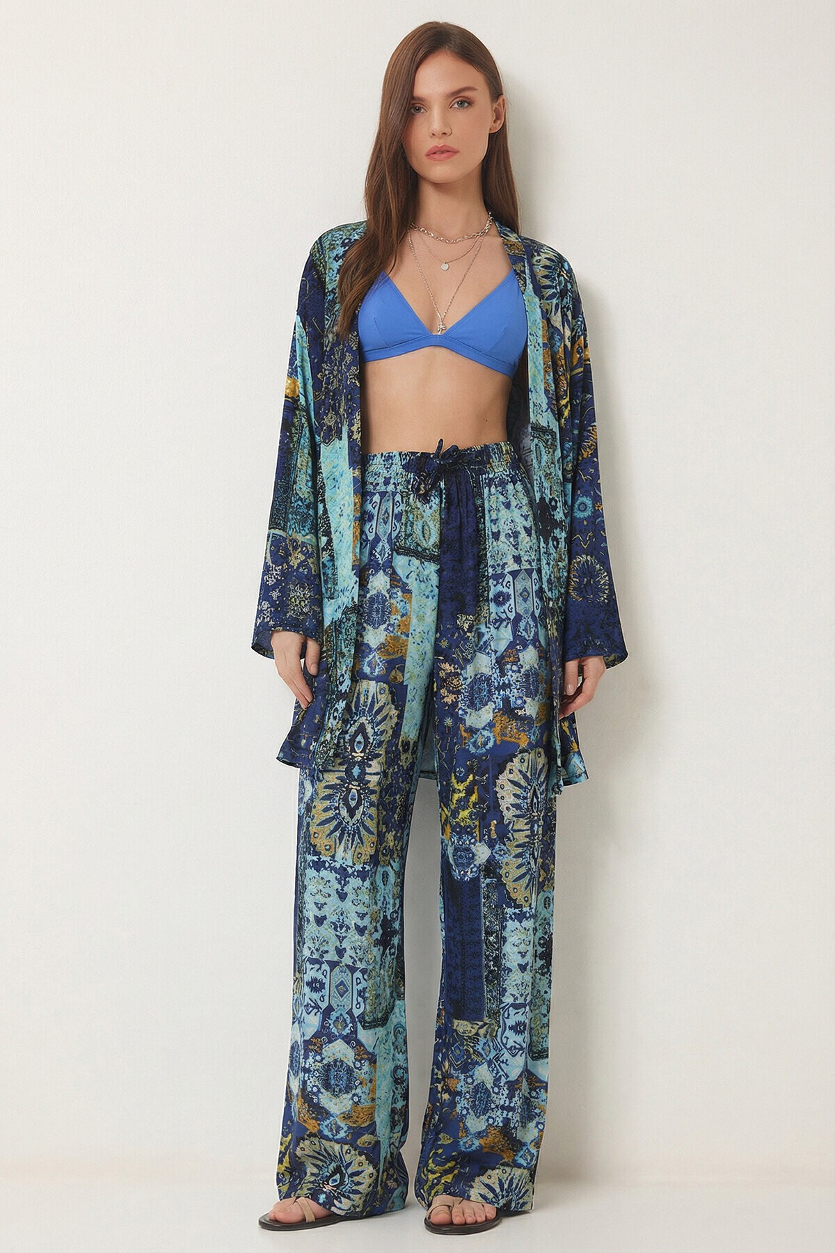 Desenli Yazlık Viskon Kimono Pantolon Takım MAVİ SARI LRN0013