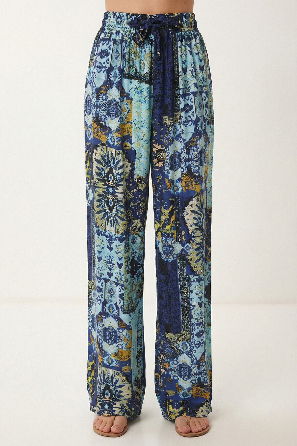 Desenli Yazlık Viskon Kimono Pantolon Takım MAVİ SARI LRN0013