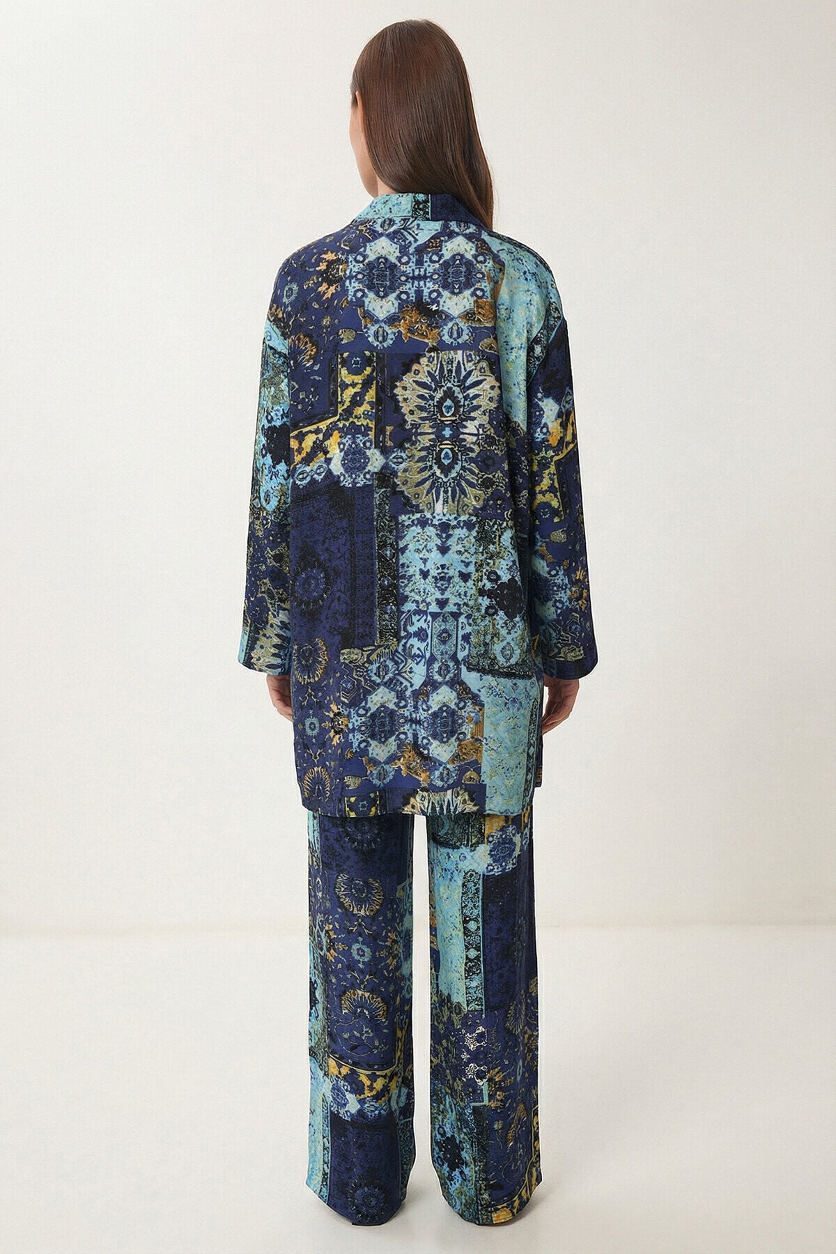 Desenli Yazlık Viskon Kimono Pantolon Takım MAVİ SARI LRN0013
