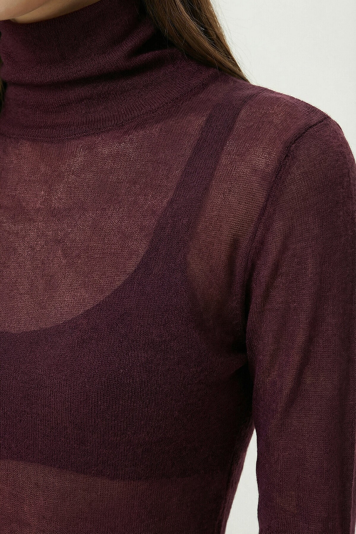 Dik Yaka Transparan Örme Bluz BORDO LZV0046